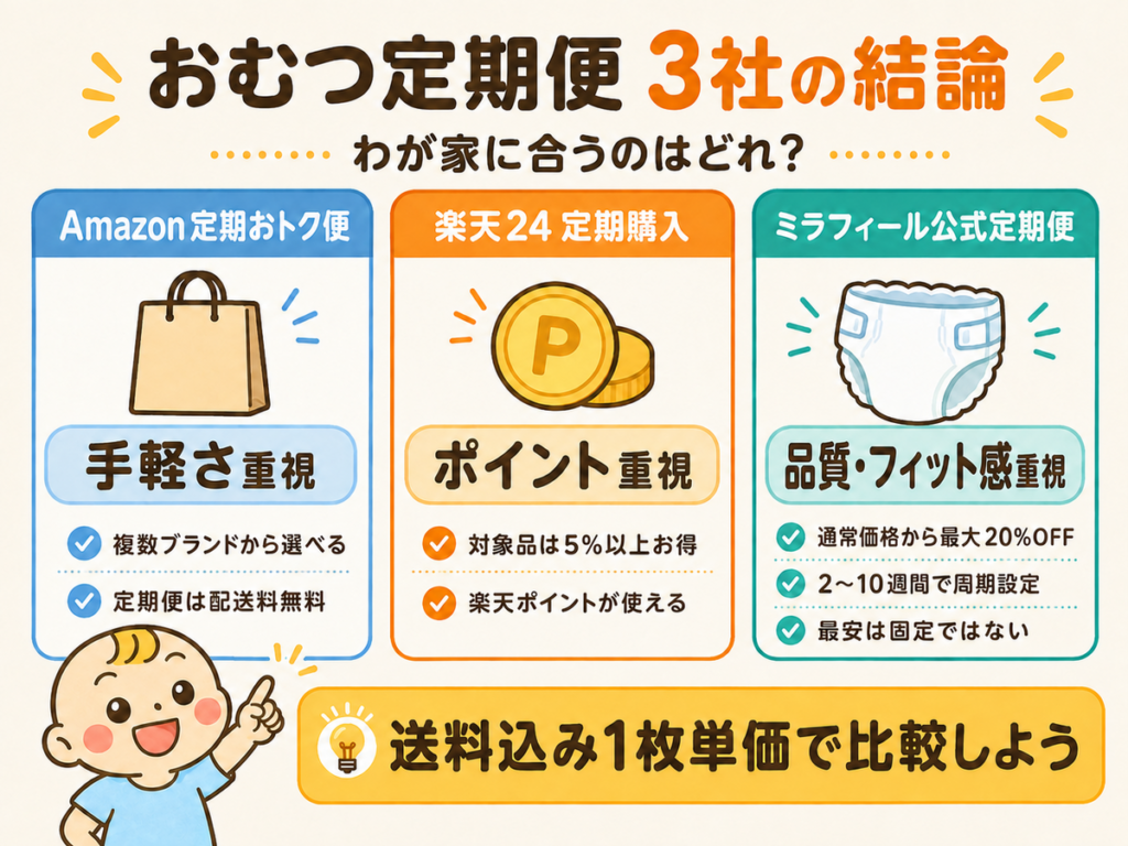 おむつ定期便3社の選び方｜Amazon・楽天24・ミラフィール
