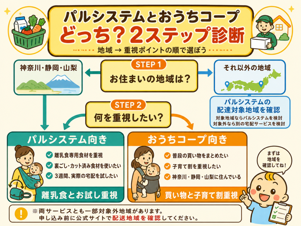パルシステムとおうちコープを地域と重視ポイントで選ぶ2ステップ診断