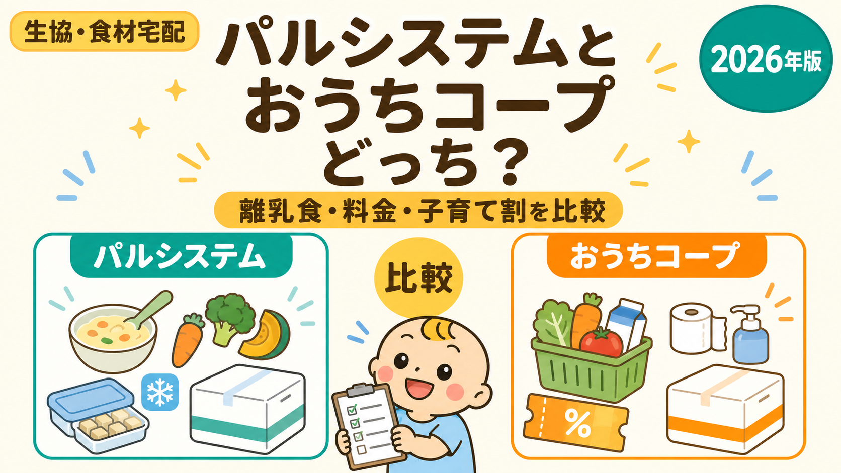 パルシステムとおうちコープの離乳食・料金・子育て割を比較する記事のアイキャッチ