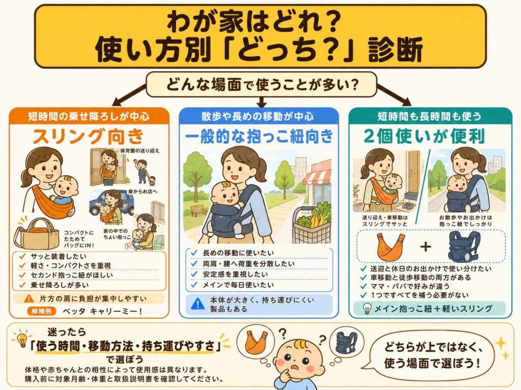 スリングと抱っこ紐のどちらが向いているかを使い方別に診断