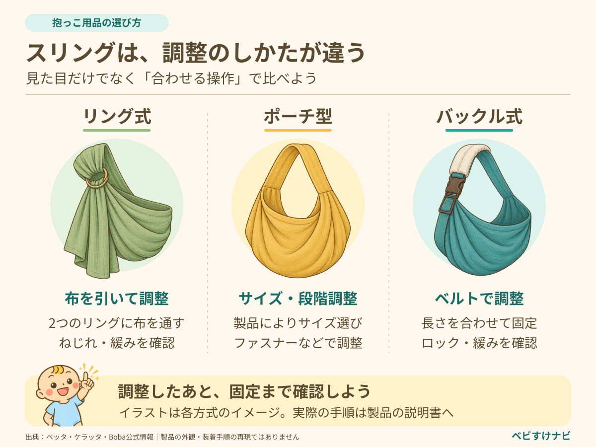 スリング3タイプの調整方法。リング式は2つのリングに布を通して調整し、ポーチ型は製品によりサイズ選びやファスナーで調整する。バックル式はベルトで長さを調整し、固定と緩みを確認する。