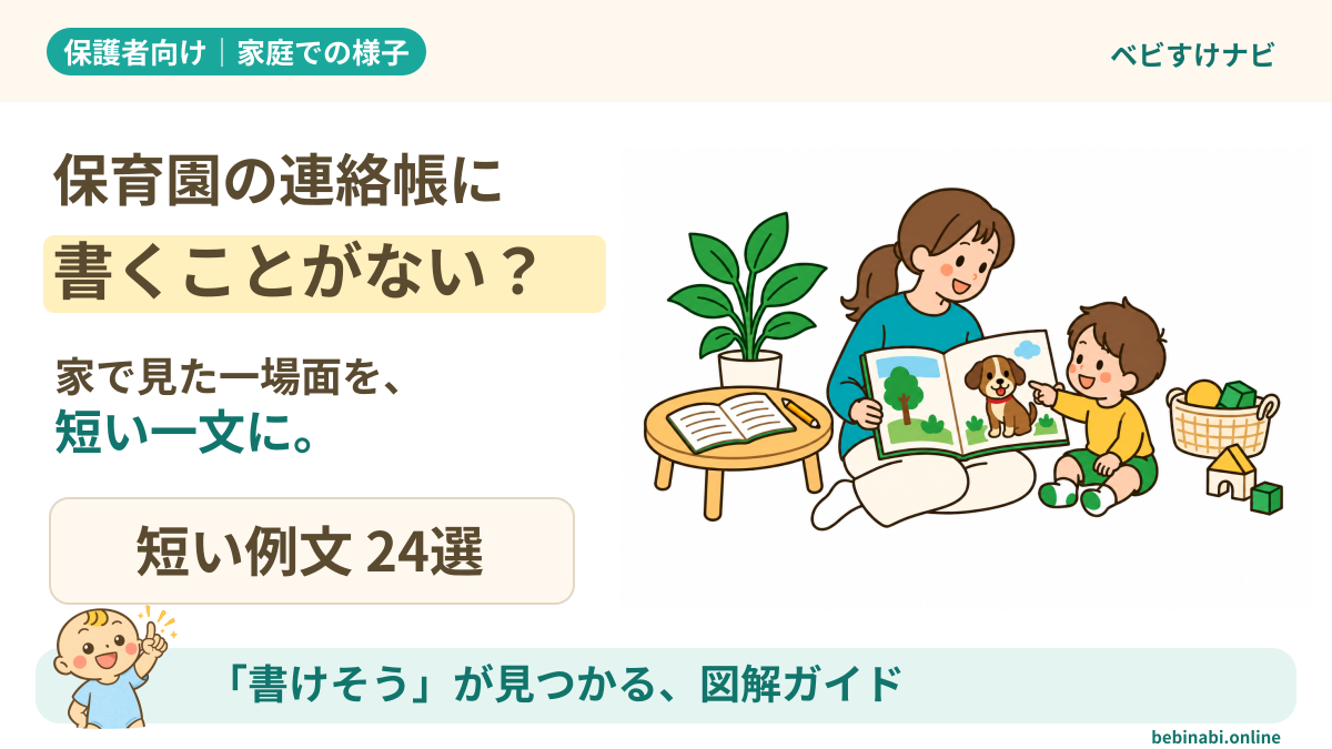 保育園の連絡帳に書くことがないときの書き方を紹介するアイキャッチ。親子で絵本を読む場面と、家庭での様子を一つ選んで短い一文にすること、短い例文24選を示す。