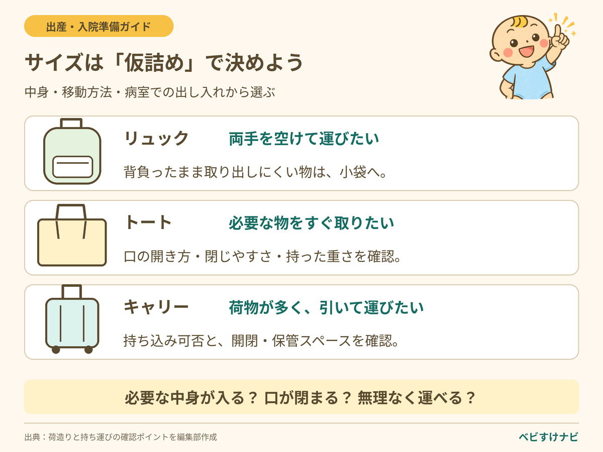 陣痛・入院バッグの形の選び方。両手を空けたいならリュック、取り出しやすさなら口の開くトート、荷物が多いなら保管場所を確認してキャリー。容量は実際の持ち物を仮詰めして確認する。