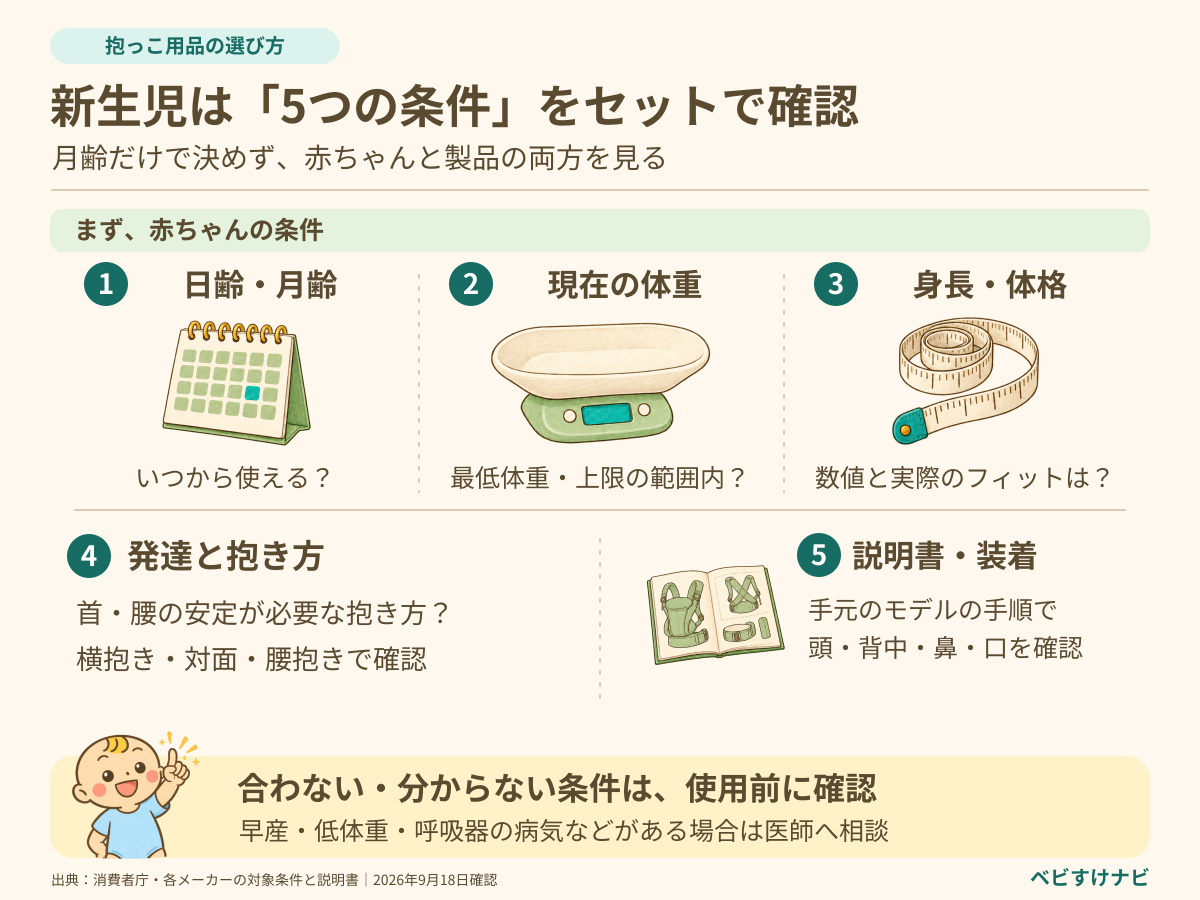 新生児に使う前の5条件。対象日齢・月齢、現在の体重、身長や体格、首や腰の発達と抱き方、購入モデルの説明書と装着状態を確認する。条件が合わない、または不明な場合は使用前に確認する。