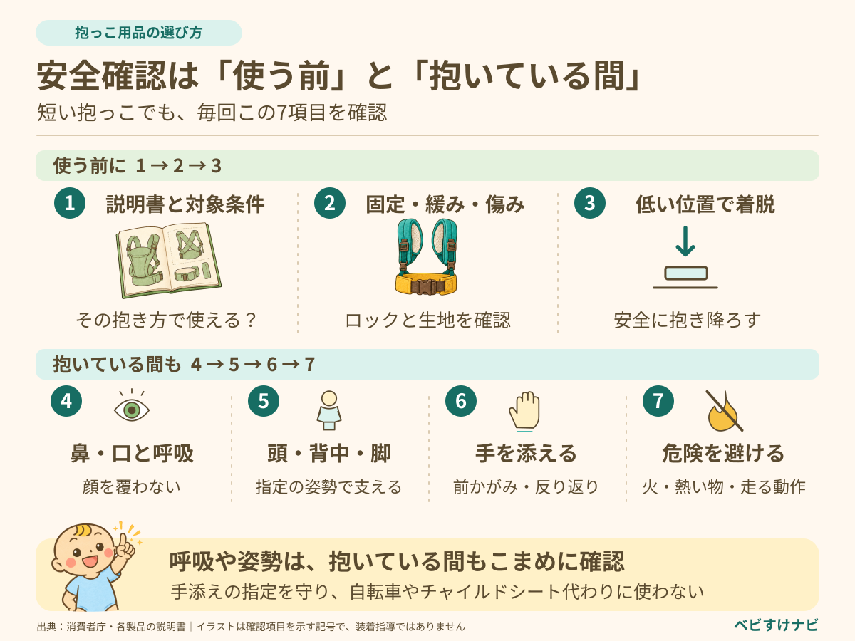 毎回の安全確認7項目。説明書と対象条件、固定と傷み、低い位置での着脱、鼻・口と呼吸、頭・背中・脚の支え、移動時の手添え、火や転倒につながる場面を避けること。