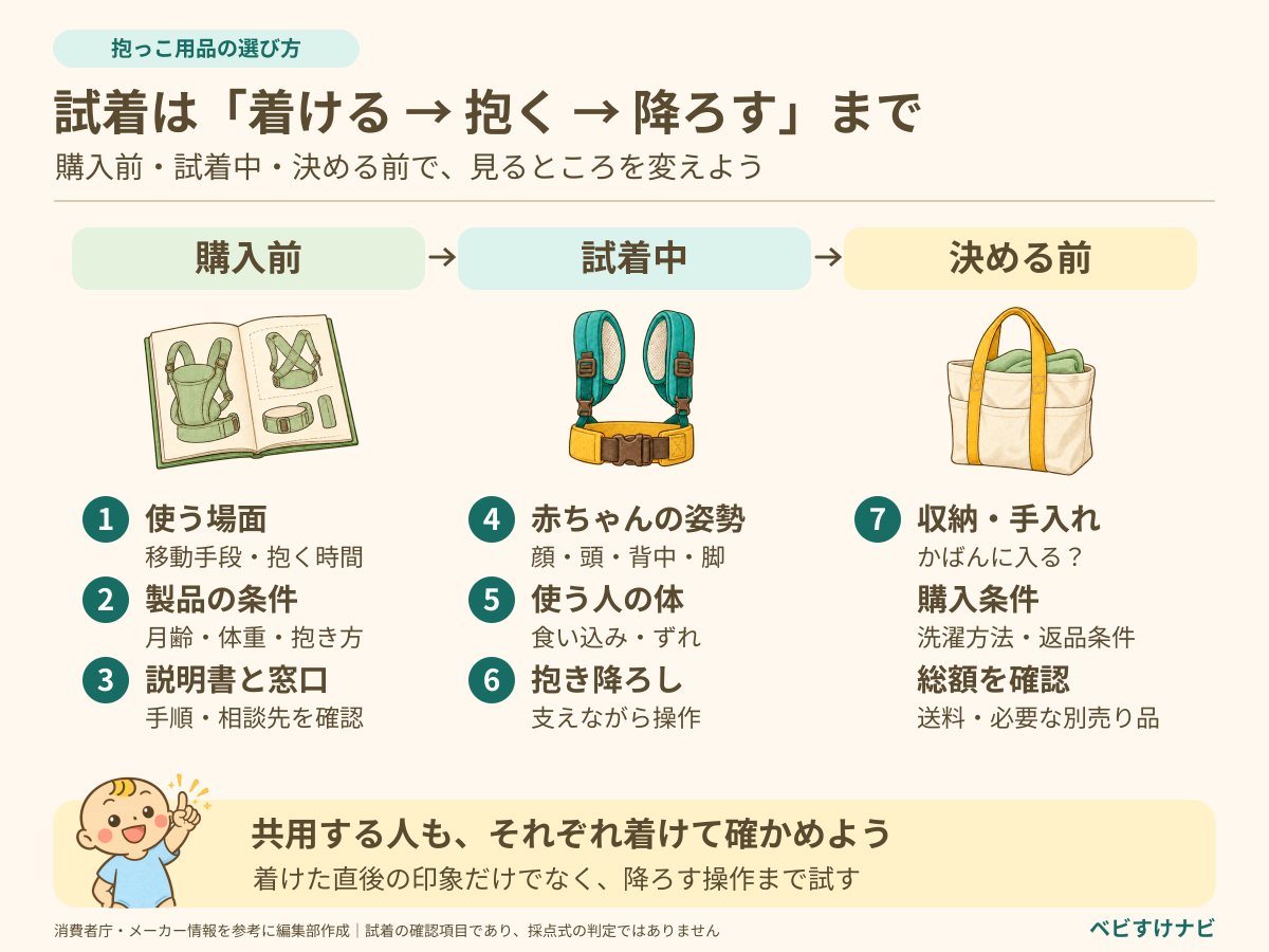 購入前は使う場面・製品条件・説明書と窓口を確認。試着では赤ちゃんの姿勢、使う人へのフィット、抱き降ろしを確認。最後に収納・洗濯・返品条件と総額を確認する7項目。