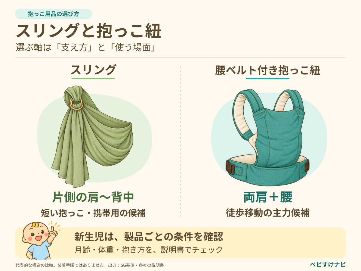 スリングは片側の肩から背中で支え、短い抱っこや携帯用の候補。腰ベルト付き抱っこ紐は両肩と腰で支え、徒歩移動の主力候補。新生児は製品ごとの月齢・体重・抱き方を確認する。