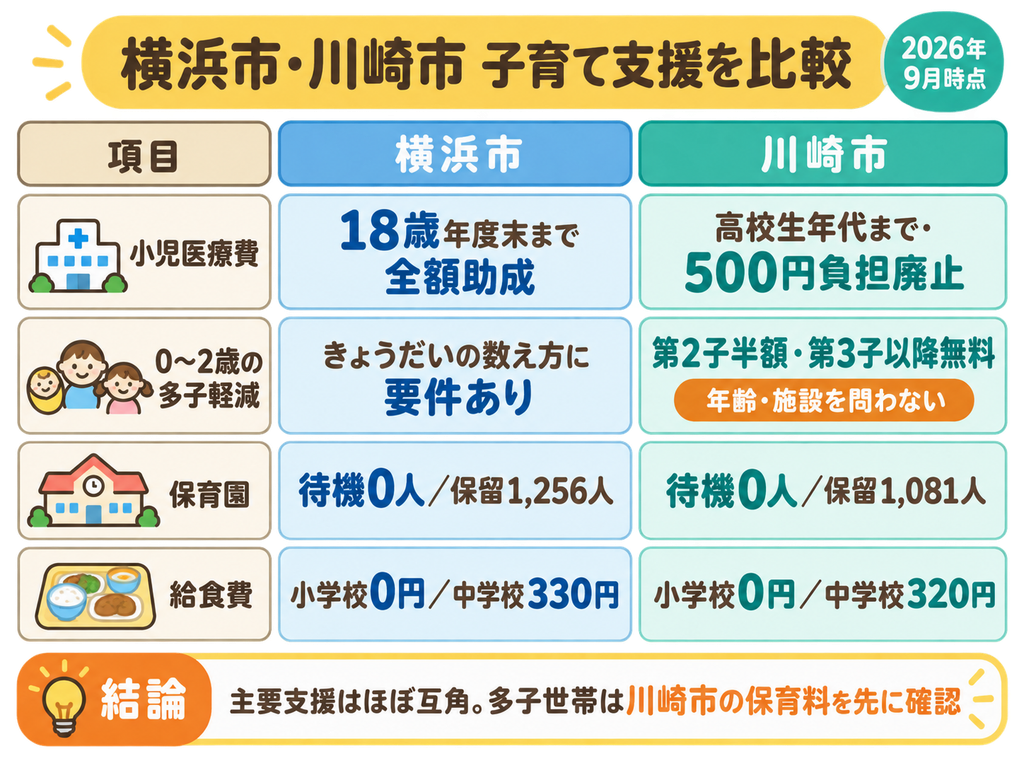 横浜市と川崎市の小児医療費・多子軽減・保育園・給食費の比較表（2026年9月時点）