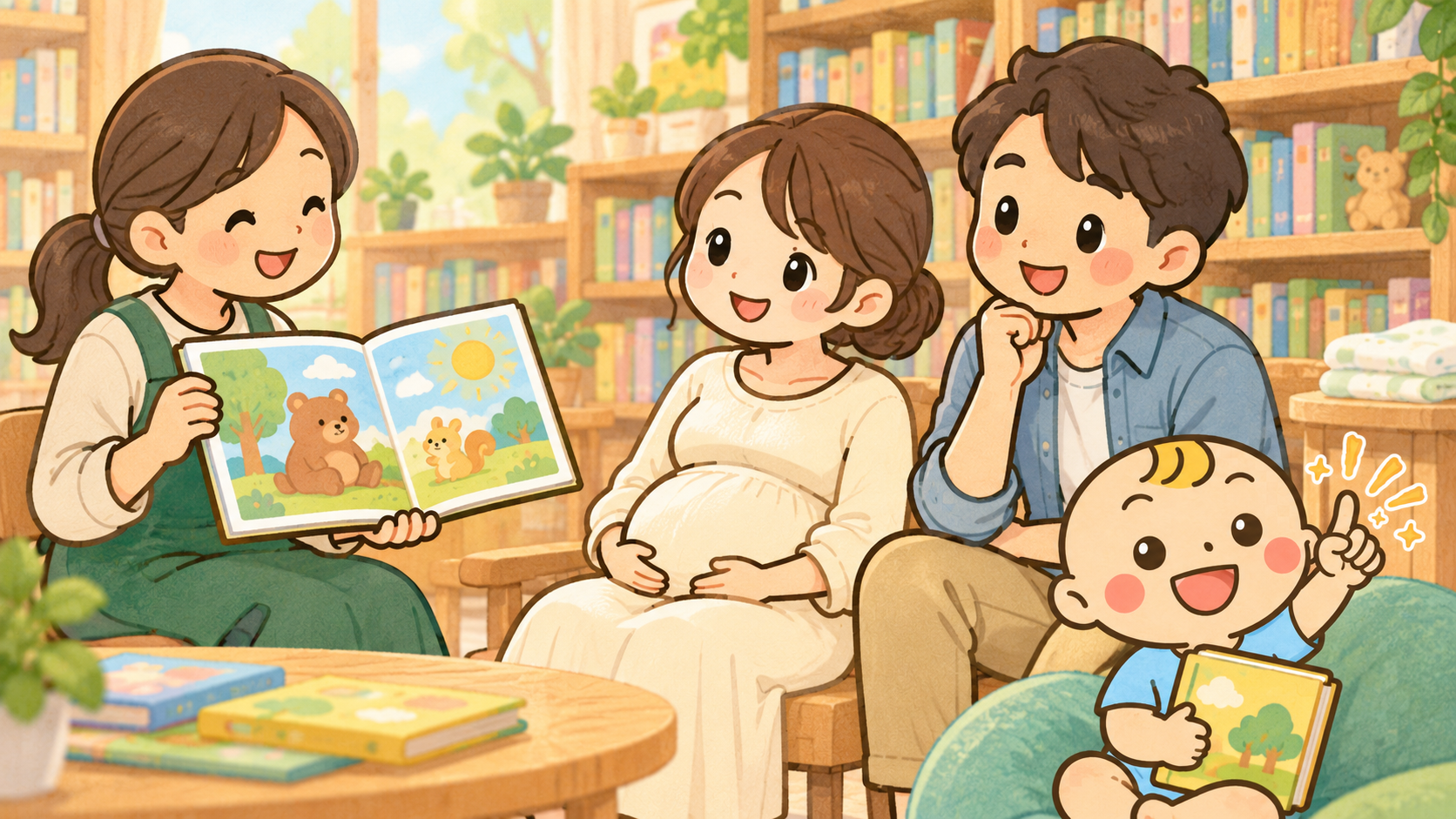 妊娠中の方とパートナーが図書館で絵本の紹介を聞くオリジナルイラスト。