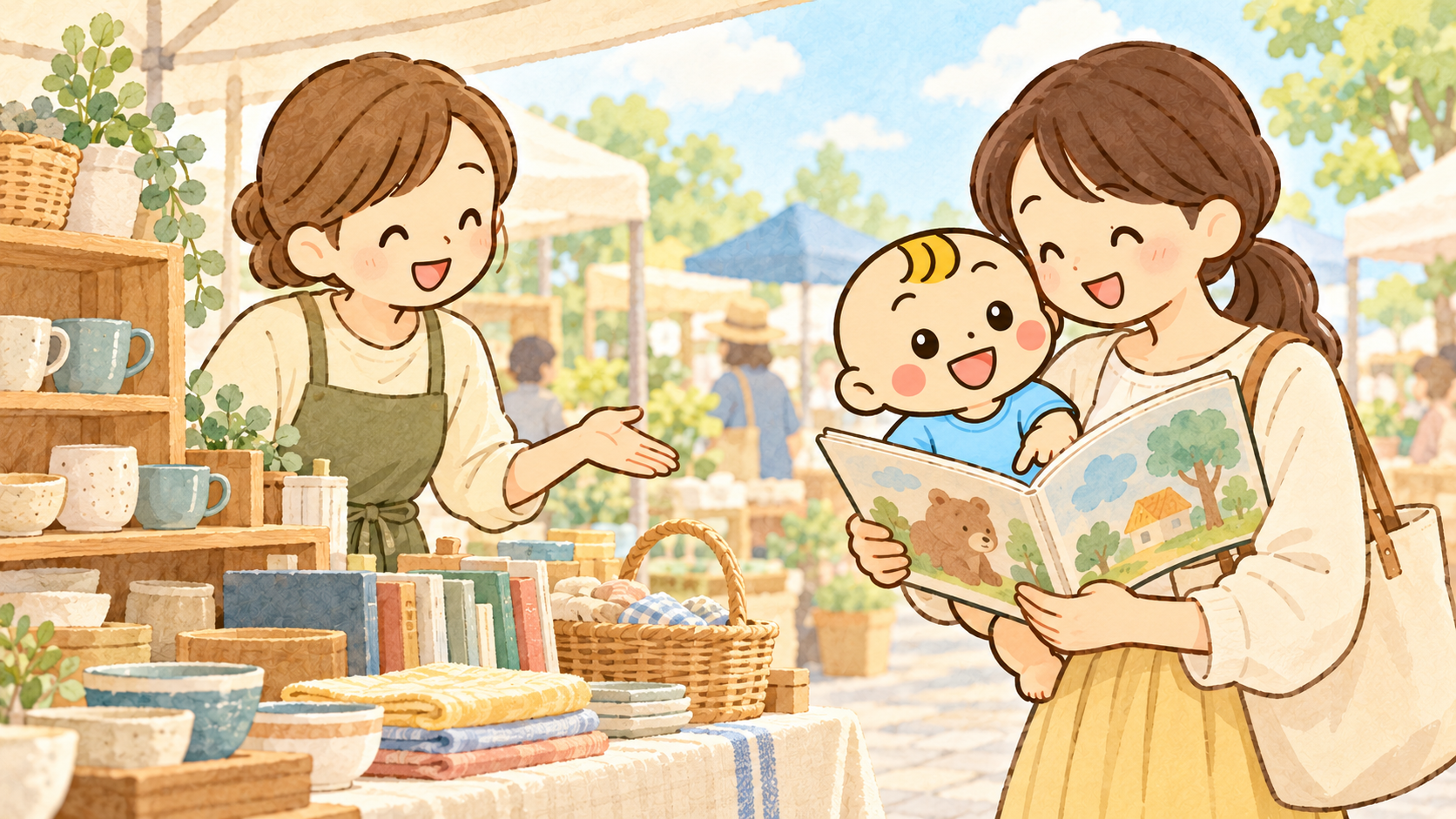 保護者に抱かれたベビすけが一般フリーマーケットの品を眺めるオリジナルイラスト。実際の会場や商品の写真ではありません。