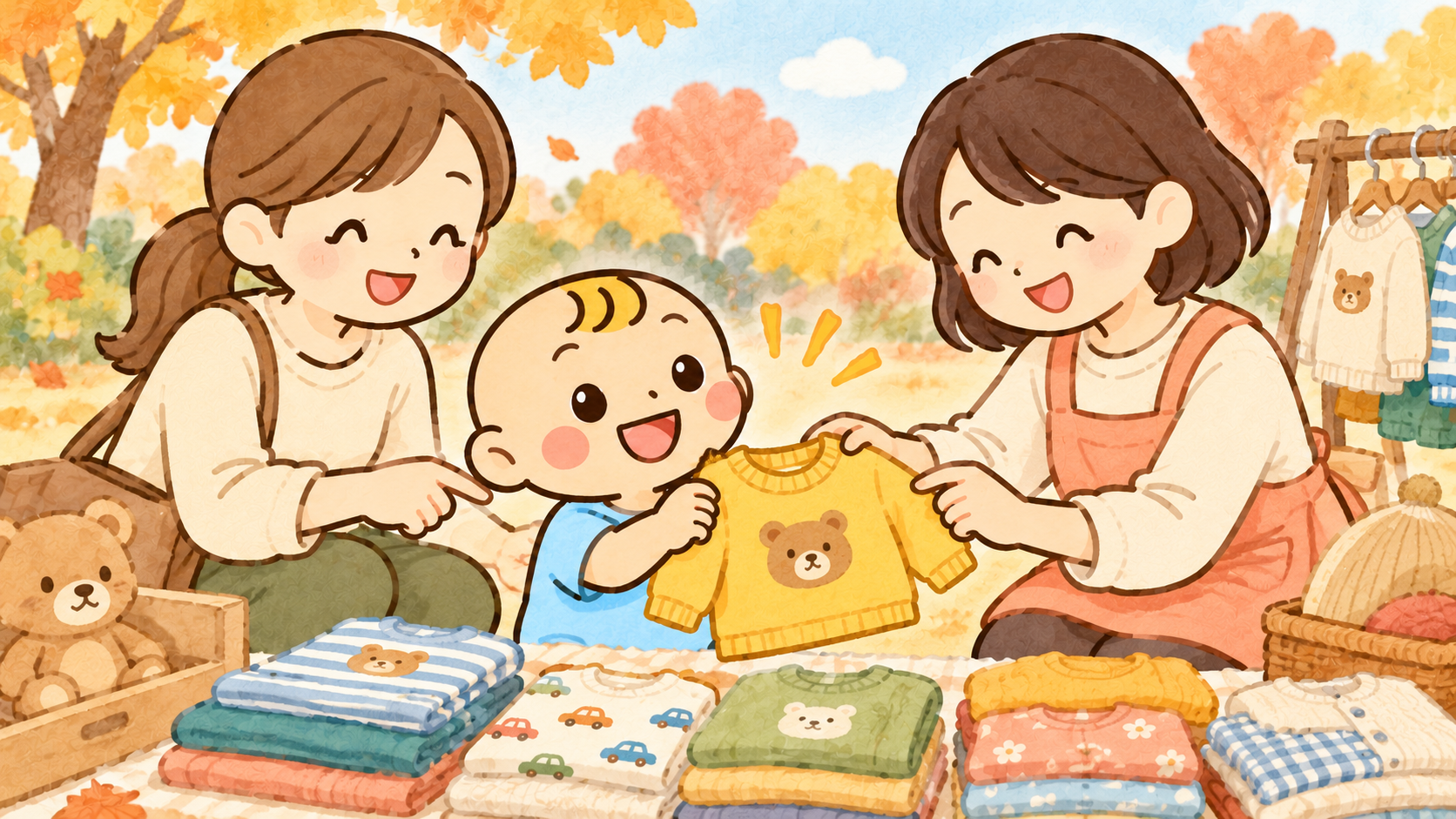ベビすけと保護者が屋外のフリーマーケットで子ども服を選ぶオリジナルイラスト。実在の出店や販売商品を示す写真ではありません。