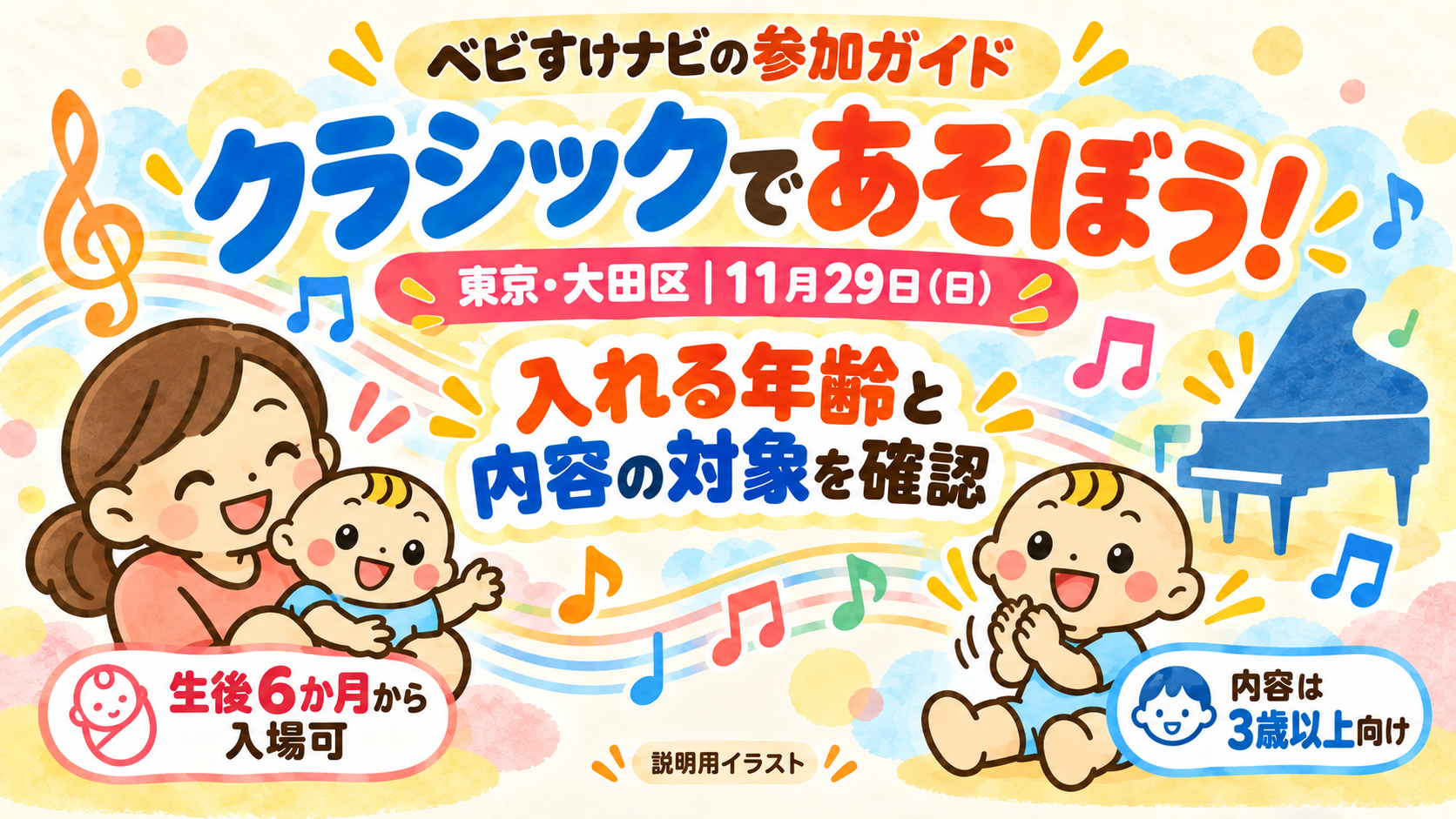 ベビすけナビの参加ガイド。11月29日の大田区クラシックであそぼうは生後6か月から入場でき、内容は3歳以上向けであることを示す説明用イラスト。