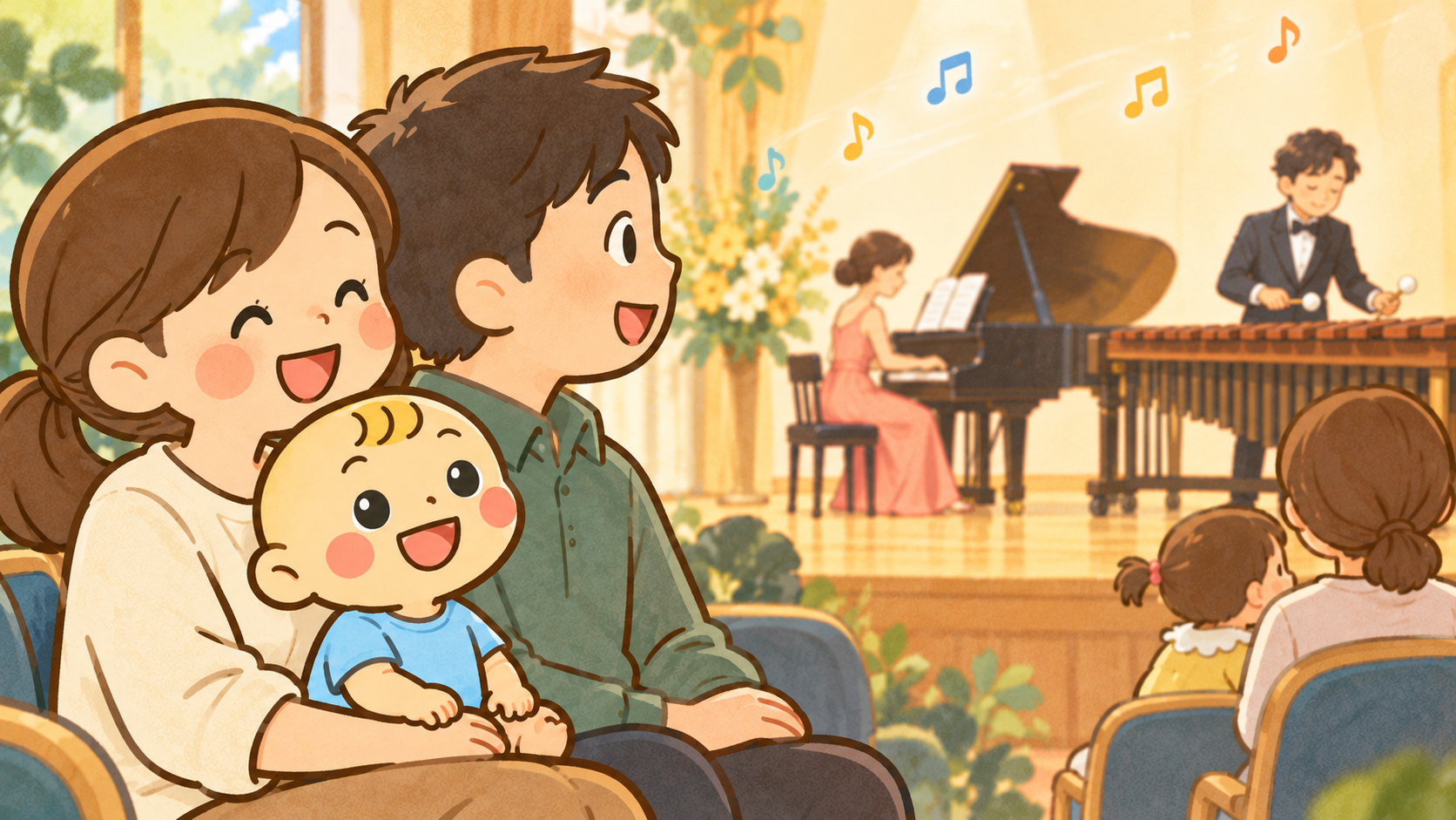 保護者の膝でピアノとマリンバの音楽を楽しむベビすけのオリジナルイラスト。