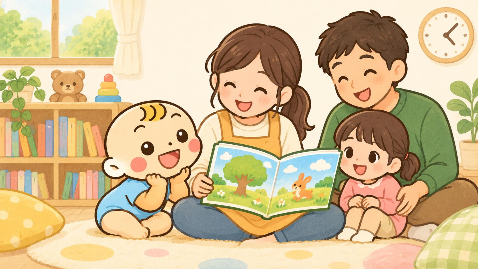 読み手の絵本を親子で楽しむベビすけのイラスト。