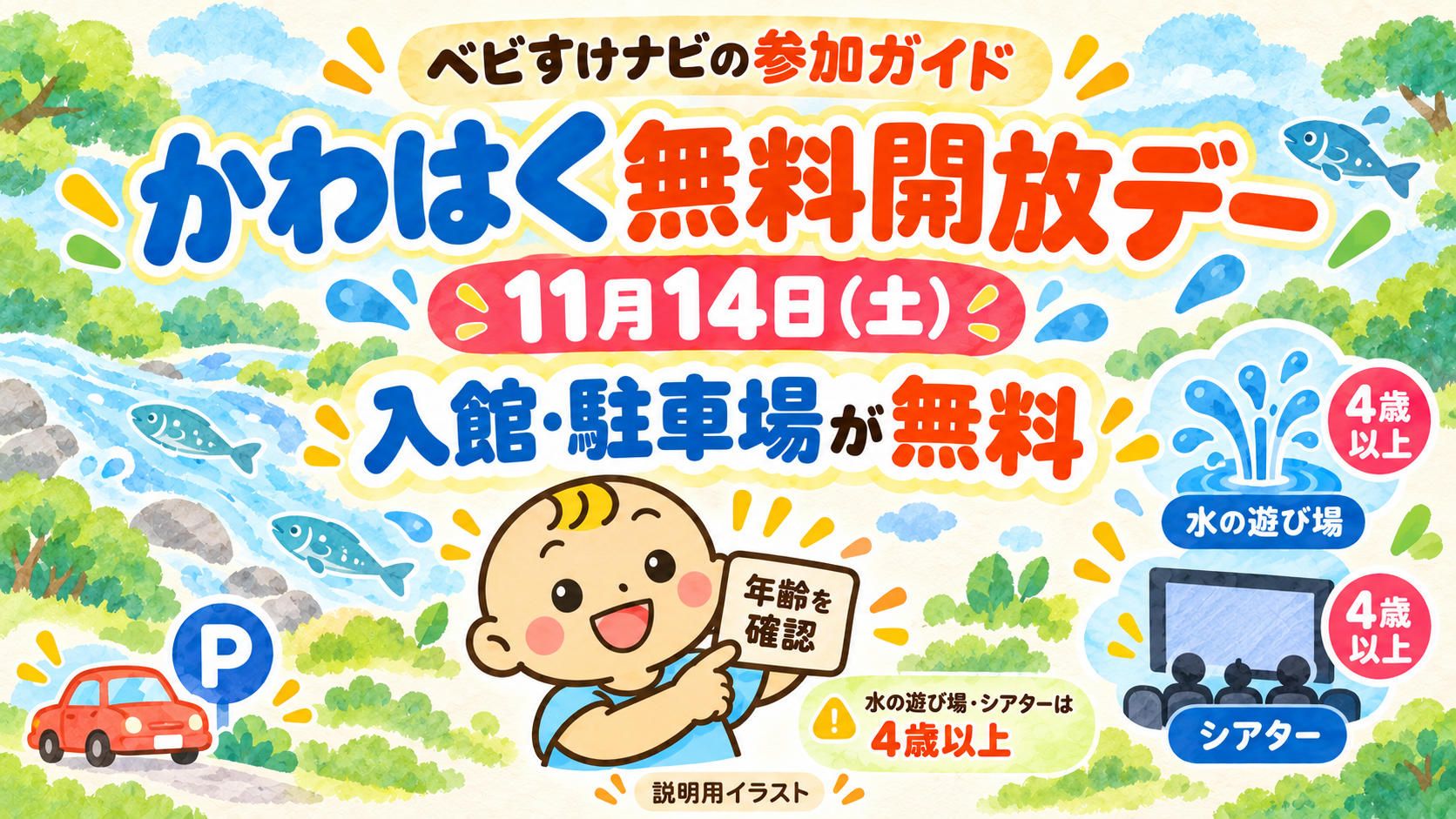ベビすけナビの参加ガイド。11月14日のかわはくは入館と駐車場が無料。水の遊び場とシアターは4歳以上という条件を示す説明用イラスト。