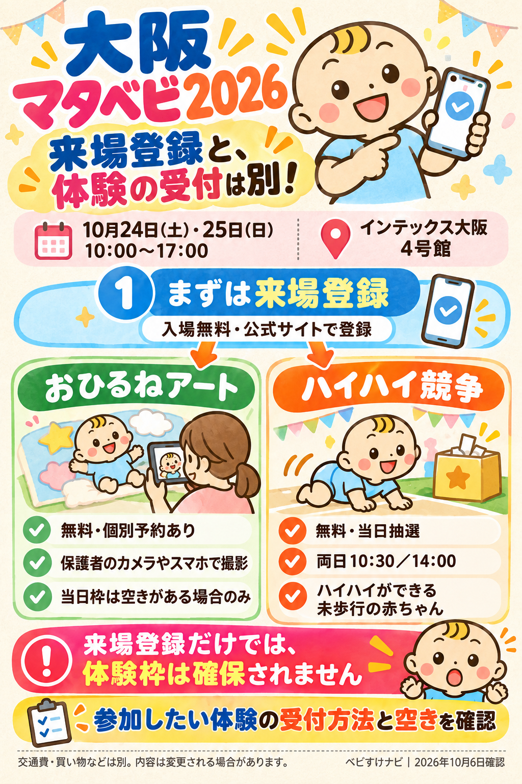ベビすけナビ作成の説明用イラスト。大阪マタベビは来場登録と体験受付が別。無料入場の登録後、おひるねアートは個別予約、ハイハイ競争は当日10時30分・14時の抽選を確認。レースはハイハイできる未歩行の赤ちゃん対象で、来場登録だけでは体験枠は確保されない。