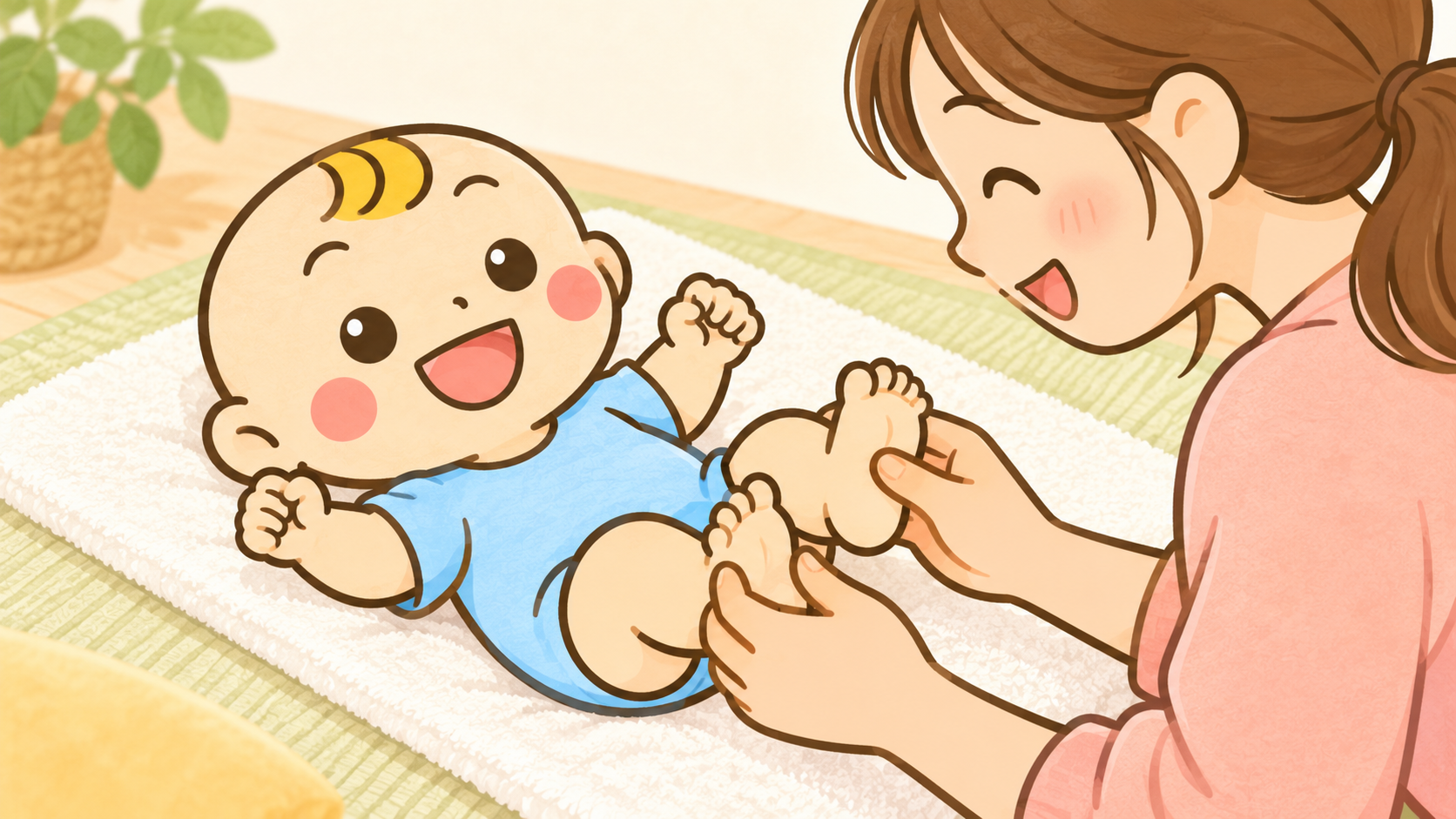 タオルの上の赤ちゃんに親がやさしく触れ合うイラスト。