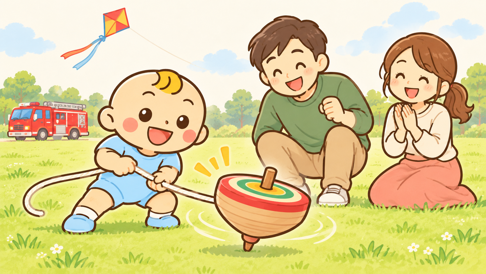 親に見守られながらこま遊びを楽しむベビすけのイラスト。
