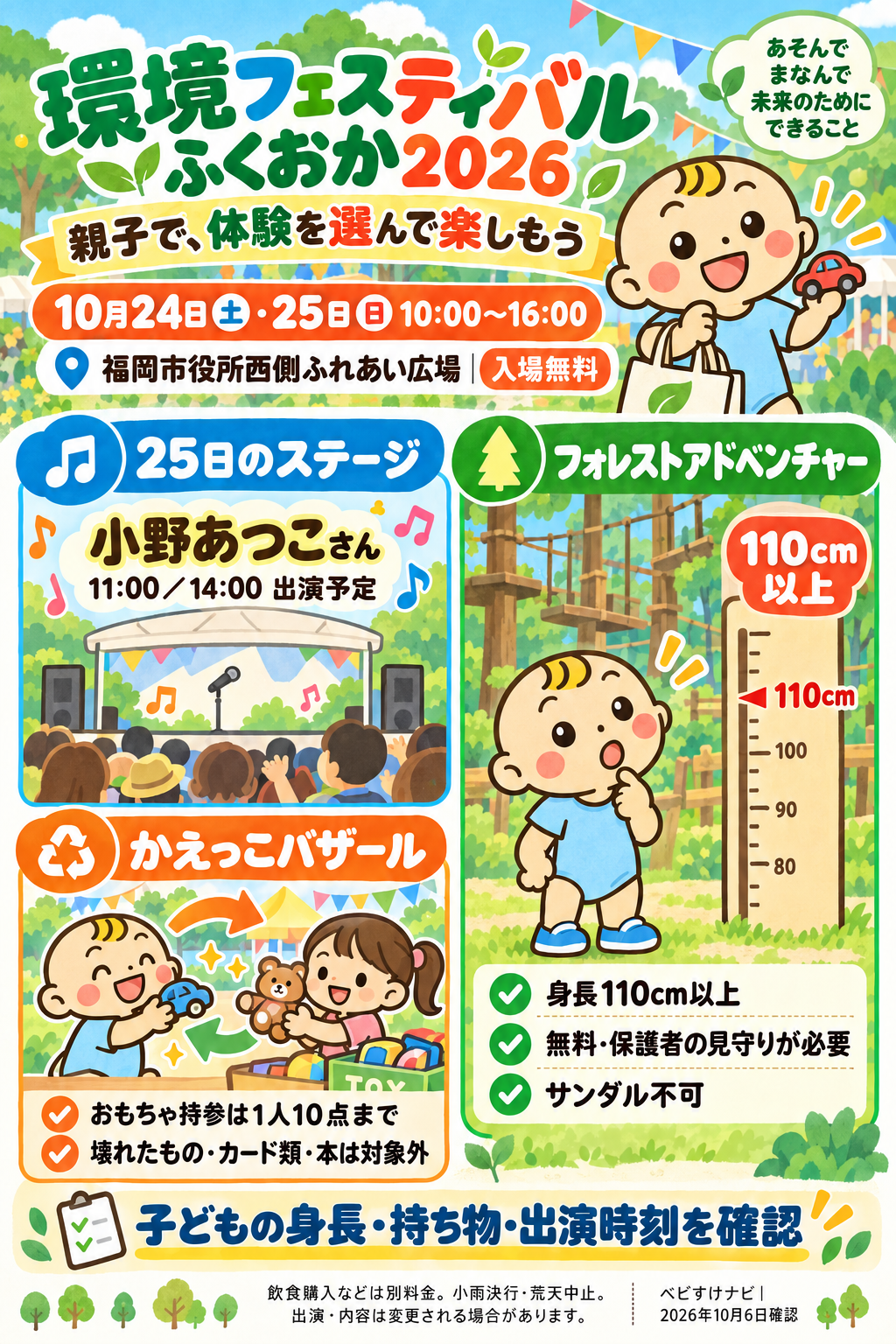 ベビすけナビ作成の説明用イラスト。環境フェスティバルふくおかは10月24・25日入場無料。25日は小野あつこさん11時・14時出演予定。フォレストアドベンチャーは身長110cm以上、保護者見守り、サンダル不可。おもちゃ交換は1人10点までで、壊れたもの・カード・本は対象外。