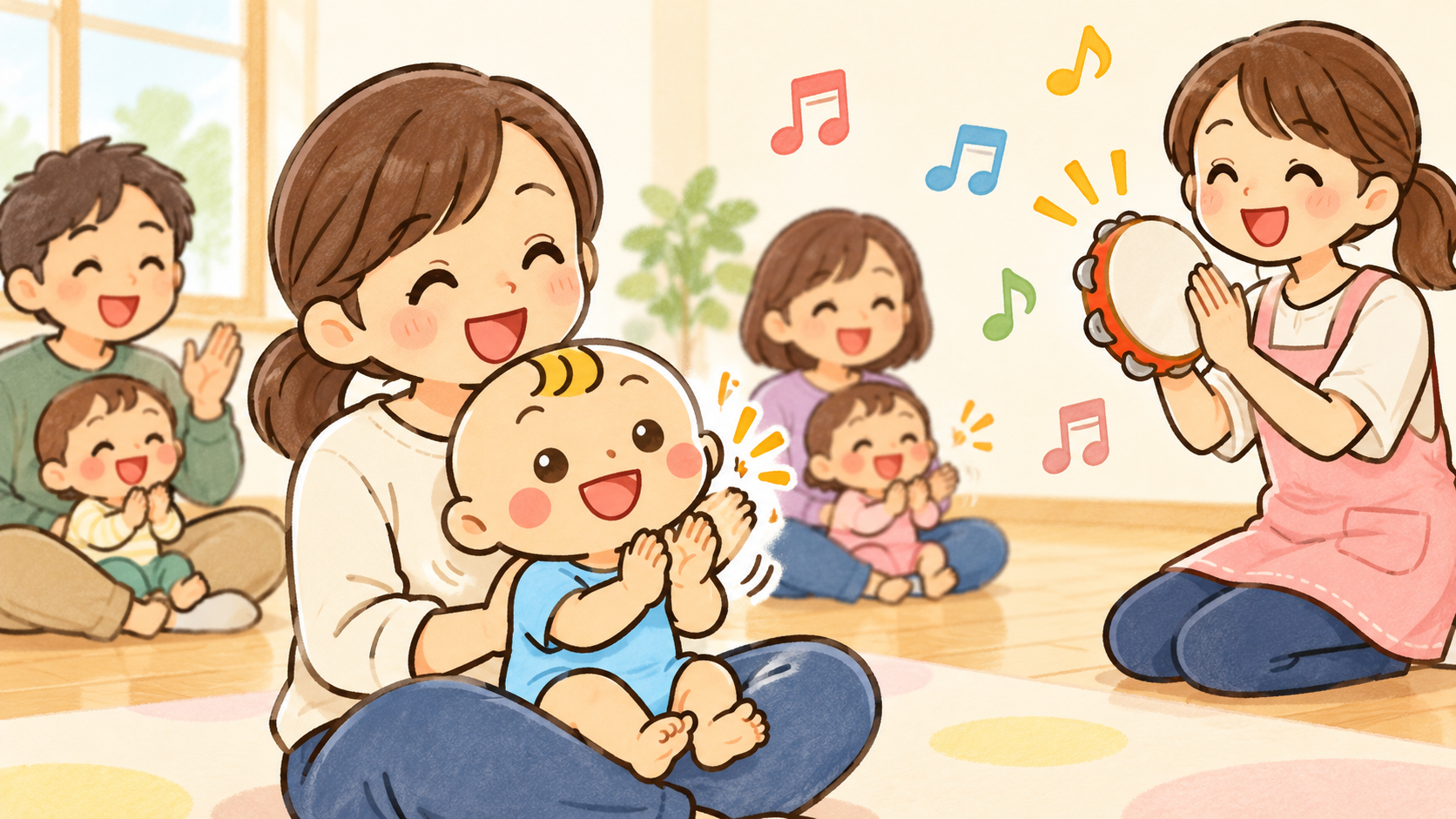 親の膝で音楽に合わせて手拍子するベビすけのイラスト。