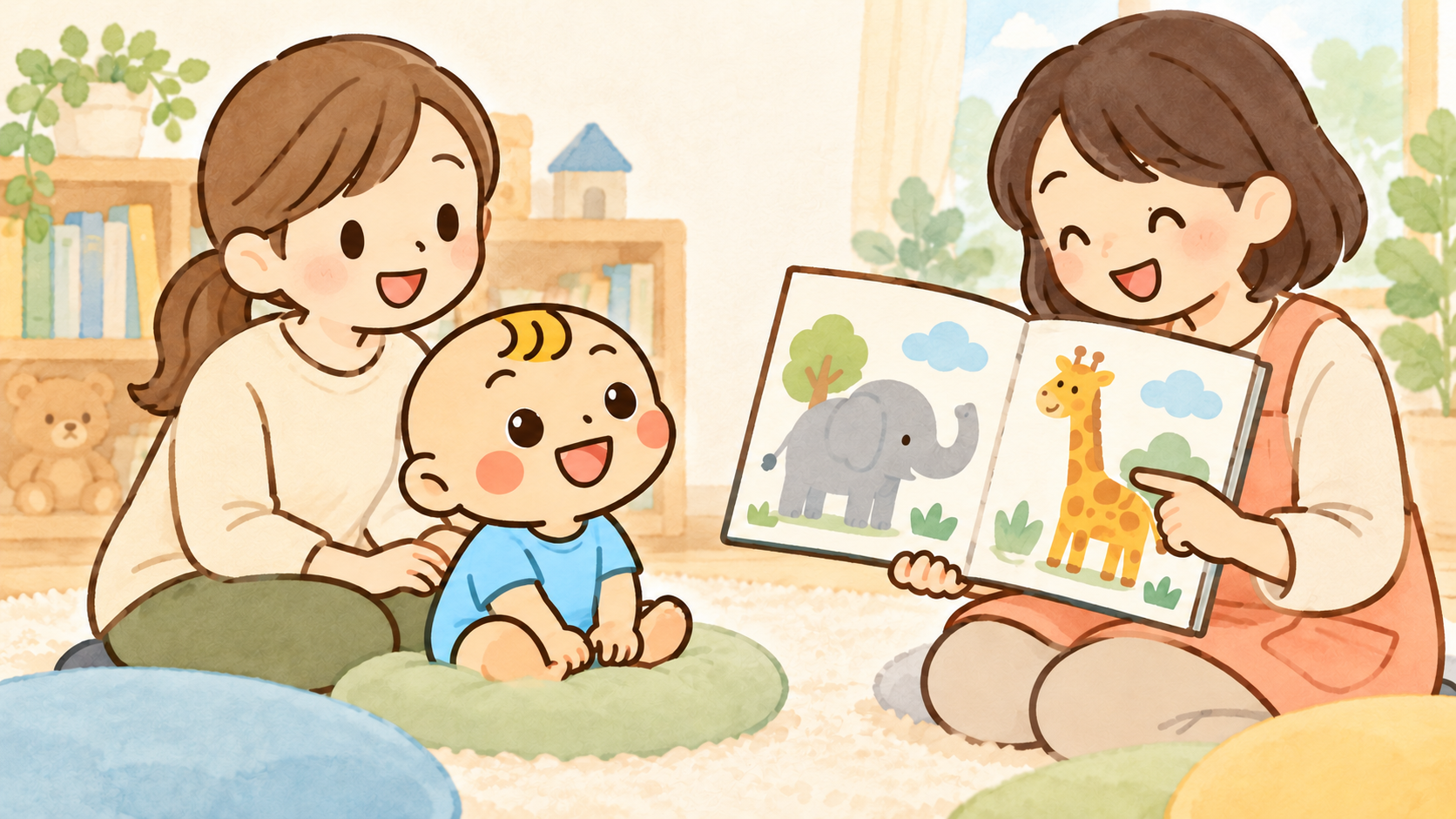 保護者の隣で読み手の絵本を楽しむベビすけ。実際の会場・絵本・参加者とは異なるイメージイラスト。