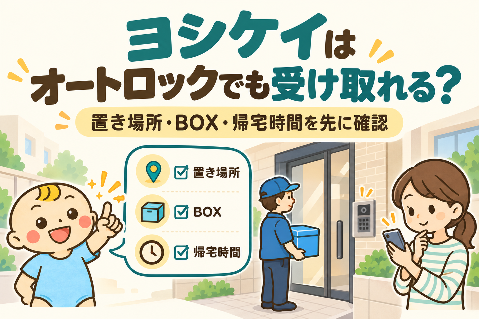 ヨシケイはオートロックでも受け取れるか、置き場所・BOX・帰宅時間を申し込み前に確認する説明用イラスト。