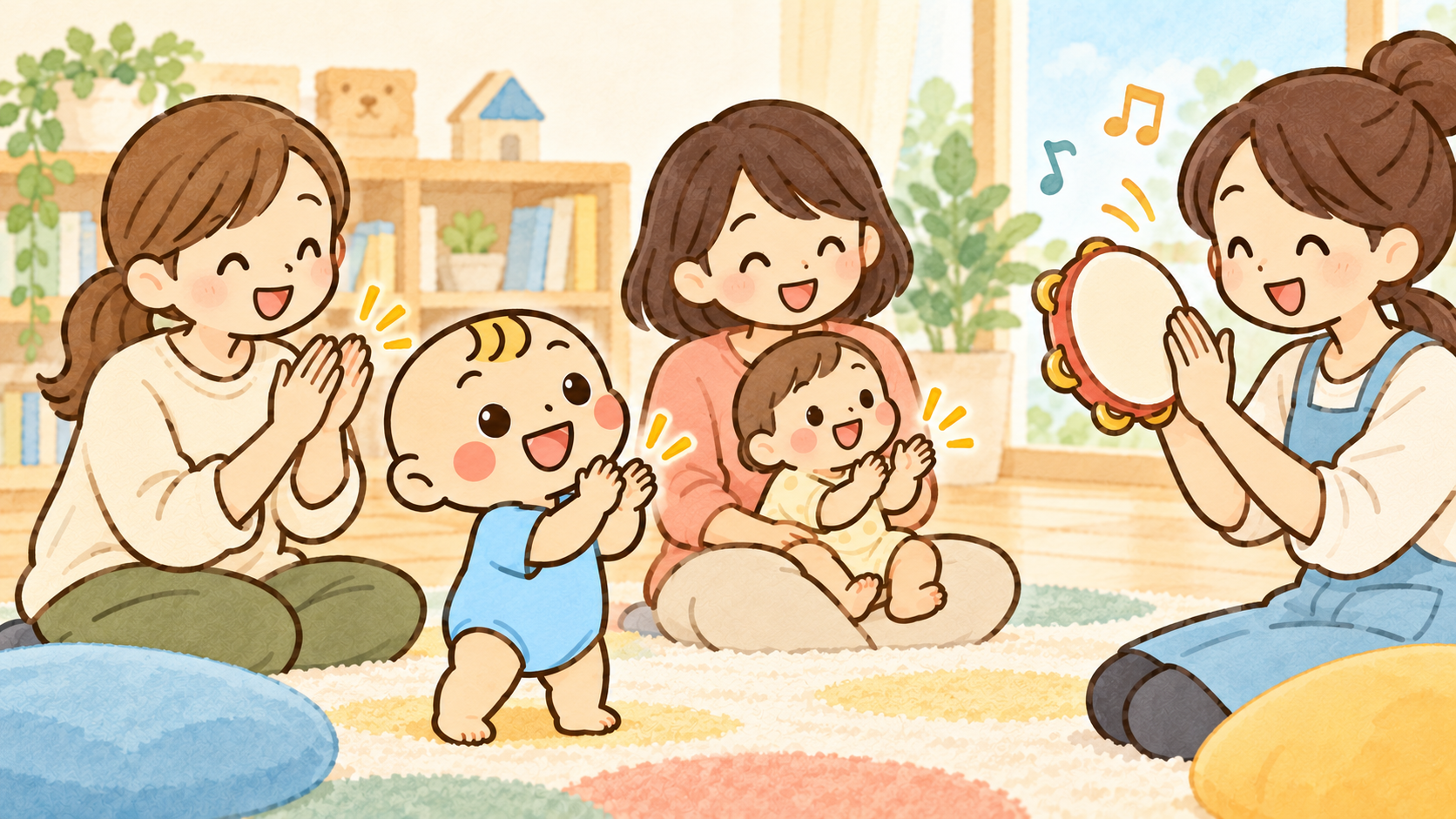 ベビすけと乳幼児が保護者と一緒に手拍子でリズムを楽しむオリジナルイラスト。実際の出演者や会場の写真ではありません。