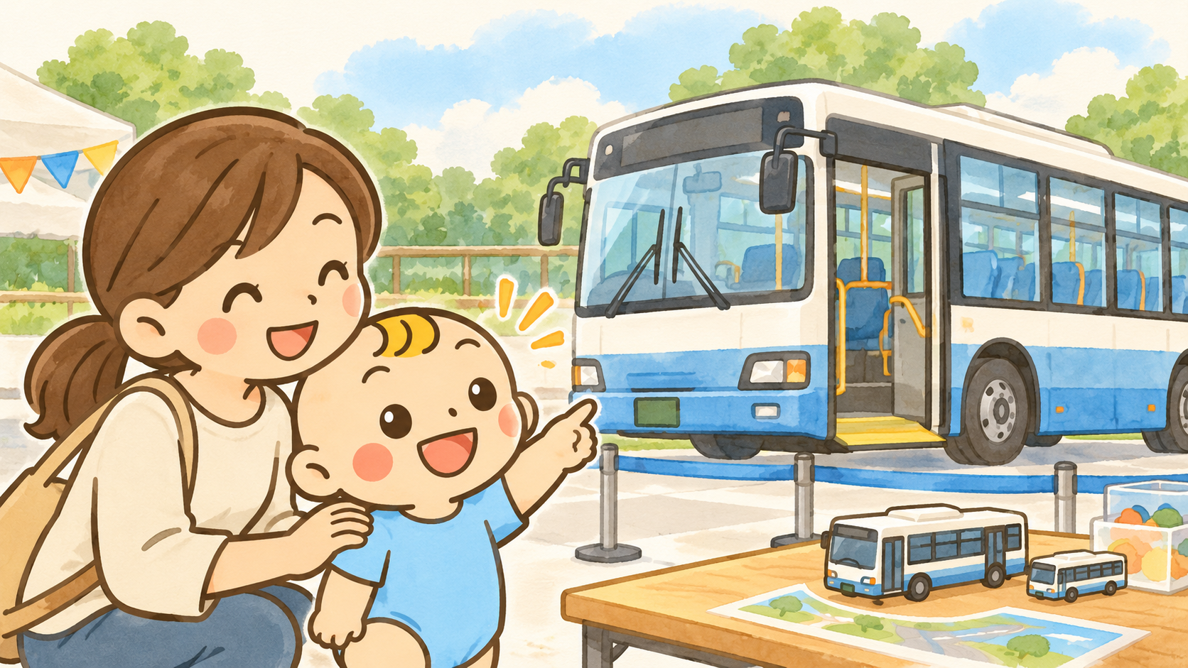 保護者と停車中のバスを眺めるベビすけとバス玩具。実際の出展車両・会場や乗車体験を保証するものではないイメージイラスト。