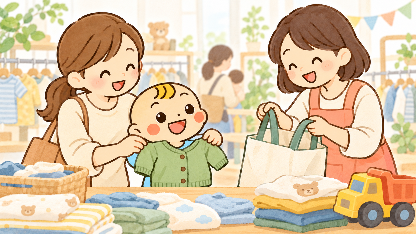 保護者がベビすけに子ども服を合わせ、スタッフが持ち帰り用の袋を持つ交換会のオリジナルイラスト。実際の提供品の在庫を示すものではありません。