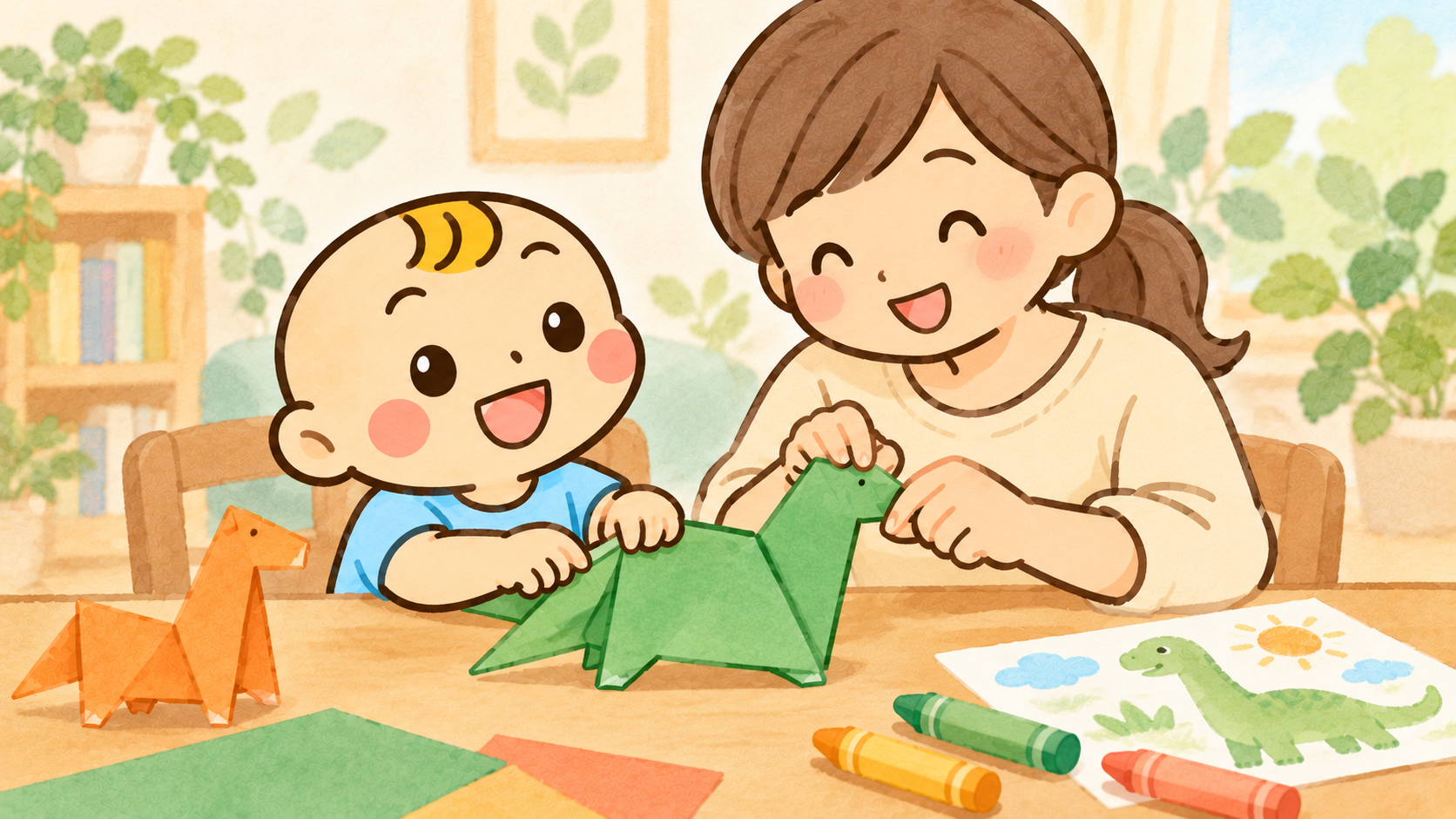 保護者とベビすけが動物の折り紙を楽しむオリジナルイラスト。実際の工作の完成品や難易度を示すものではありません。