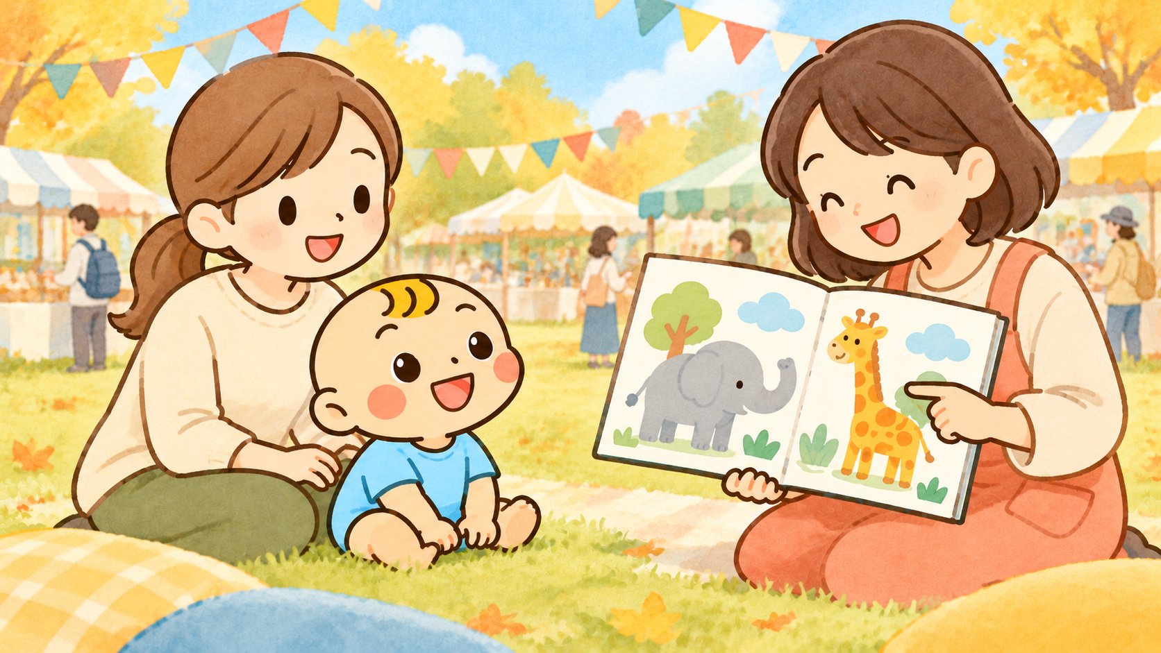 芝生で保護者とベビすけが読み聞かせを楽しみ、遠景に市場があるオリジナルイラスト。実際の会場・出演者・絵本を再現した写真ではありません。