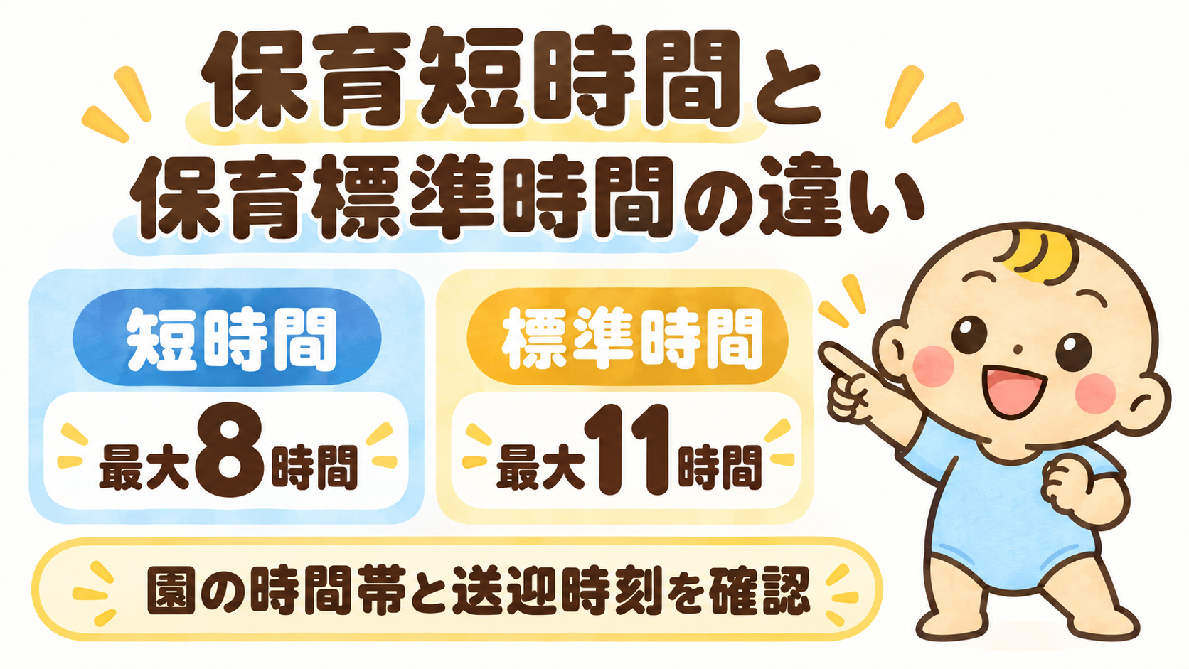 保育短時間は最大8時間、保育標準時間は最大11時間。園の利用時間帯と実際の送迎時刻を確認するための比較。