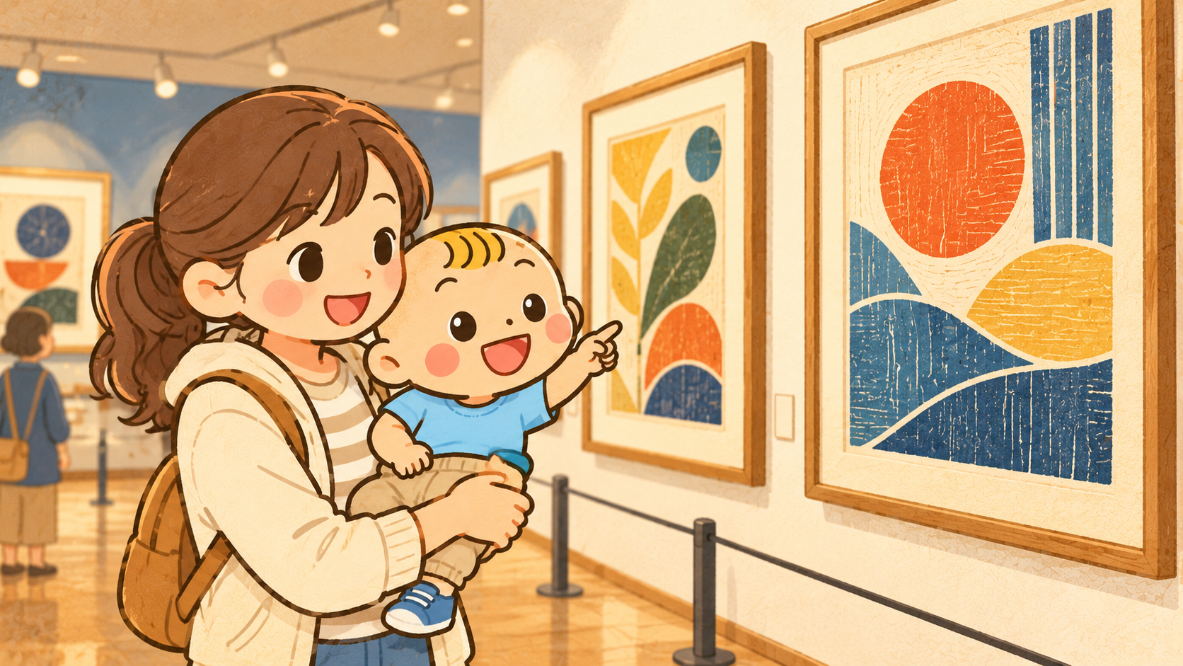 保護者と美術館の絵を鑑賞するベビすけ。オリジナルイラスト。