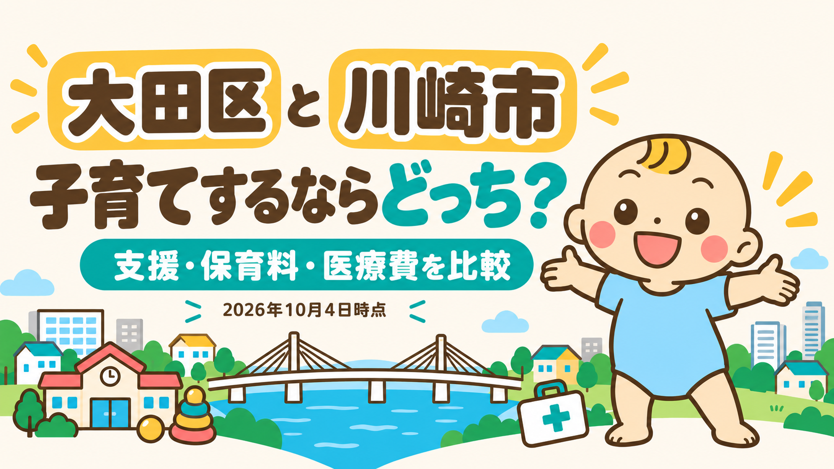大田区と川崎市、子育てするならどっち？支援・保育料・医療費を比較。ベビすけが多摩川をまたぐ暮らしの比較を案内するアイキャッチ。