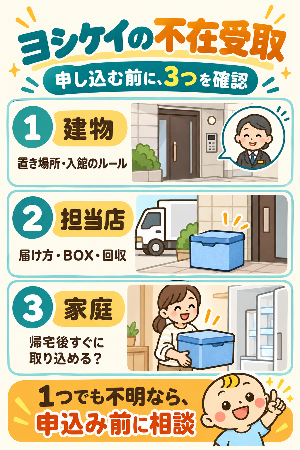 建物に置き場所と入館ルール、担当店に届け方・BOX・回収、家庭で帰宅後の取り込みを確認。一つでも不明なら申込み前に相談。