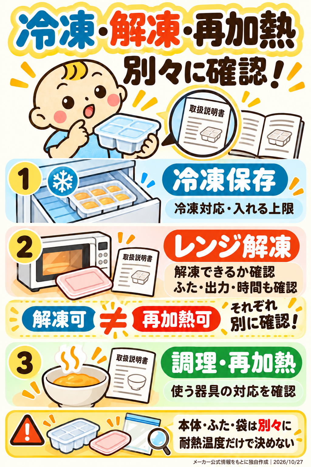 冷凍対応、電子レンジ解凍、調理・再加熱を別々に確認し、本体・ふた・袋の表示を優先する3つの確認図