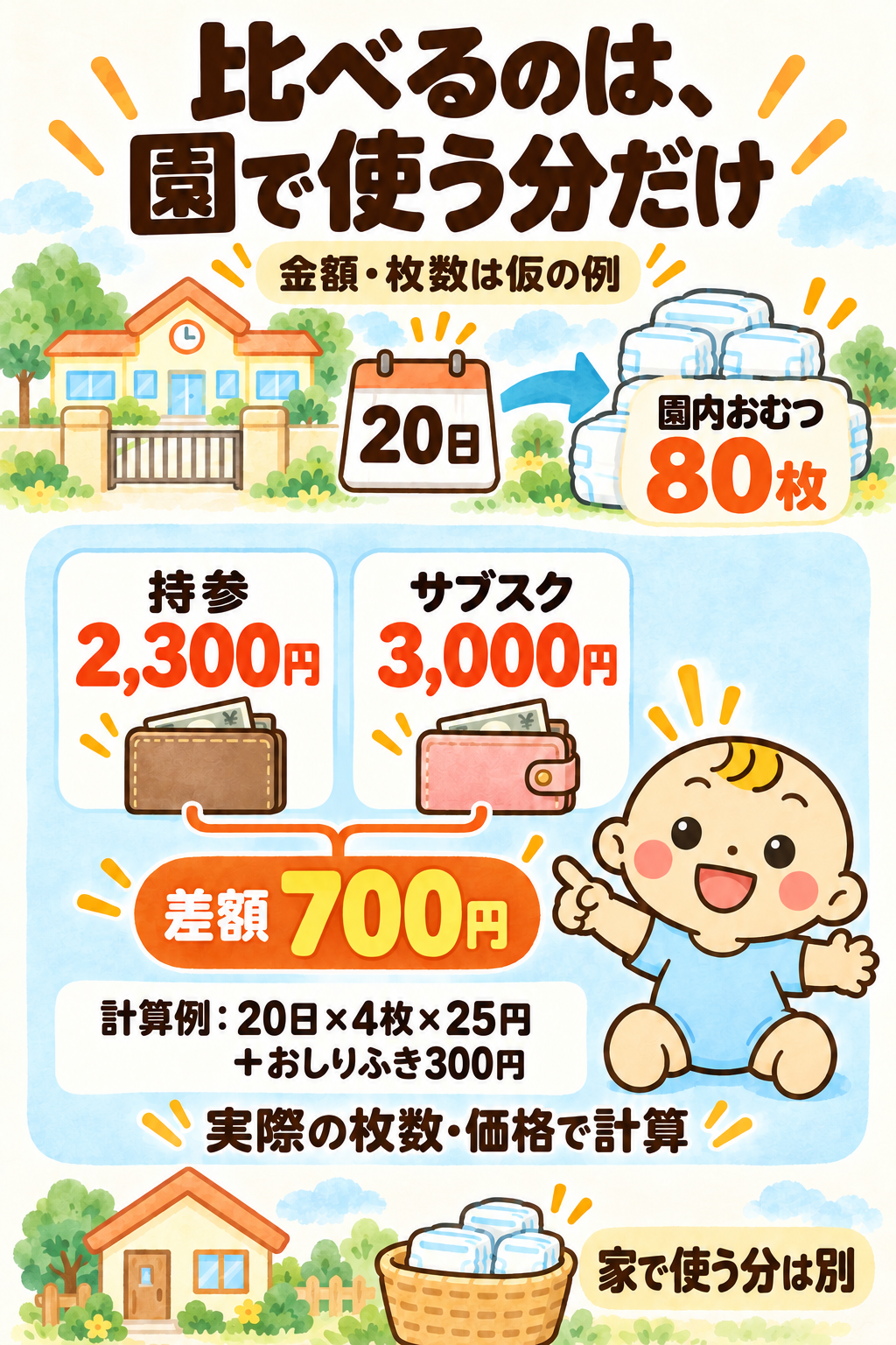 金額と枚数は仮の例。20日、1日4枚、1枚25円、おしりふき300円なら持参2300円。サブスク3000円との差700円。家庭で使う分は別。