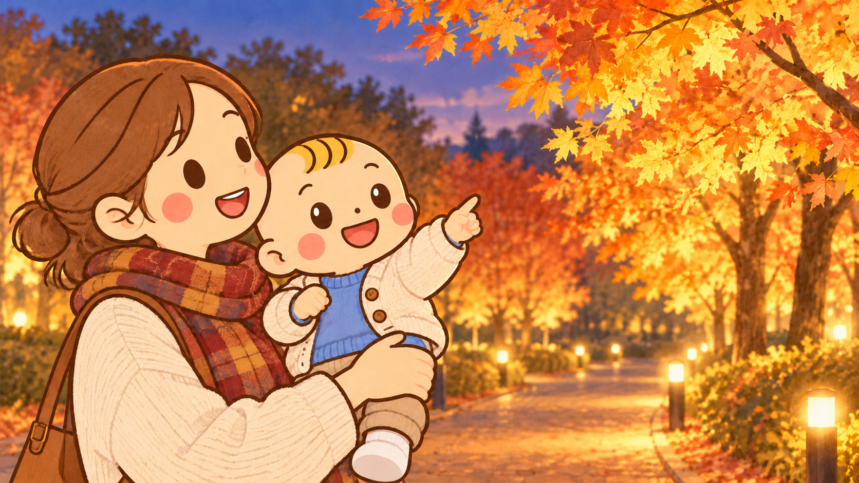 秋の夜の公園で保護者と灯りを眺めるベビすけ。オリジナルイラスト。