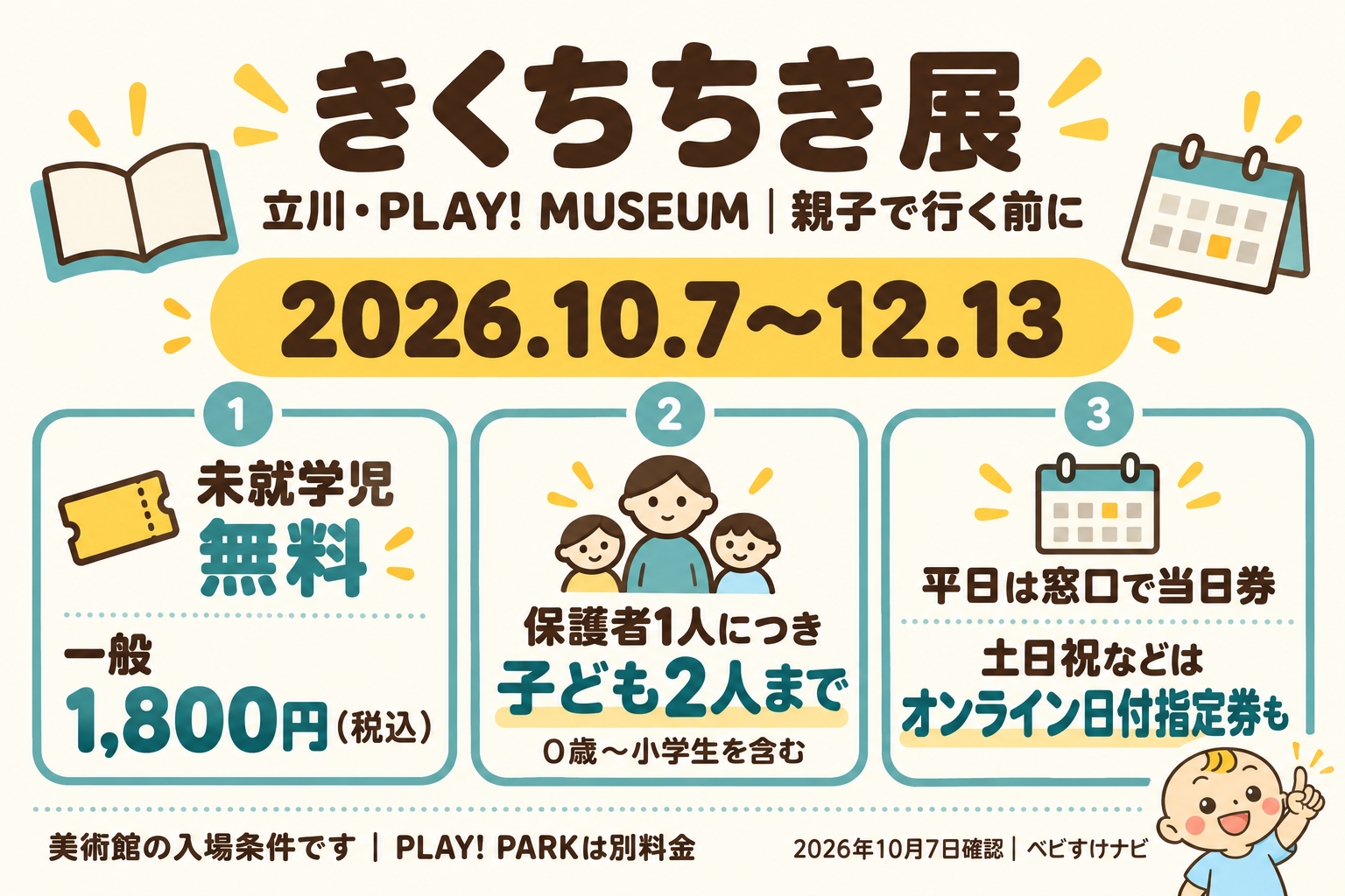 立川PLAY! MUSEUMのきくちちき展、2026年10月7日〜12月13日。未就学児無料、一般1800円。保護者1人につき0歳〜小学生2人まで。平日は窓口当日券、土日祝などは日付指定券も販売。PLAY! PARKは別料金。