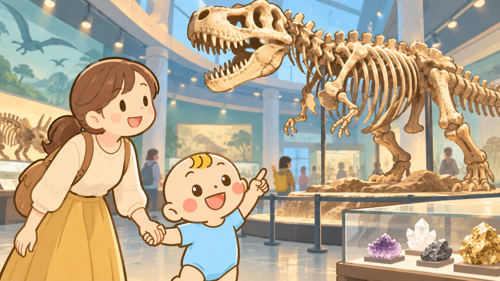 親子で恐竜骨格や鉱物の展示を見るベビすけのオリジナルイラスト。