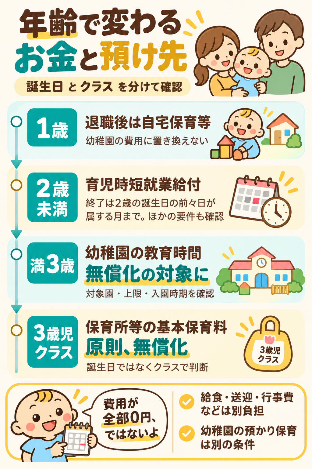 1歳の退職後は自宅保育等で、幼稚園費用に置き換えない。育児時短就業給付は2歳未満が対象で、原則2歳誕生日の前々日が属する月まで。幼稚園の教育時間は満3歳から対象園・上限等の条件により無償化。保育所等の基本保育料は原則3歳児クラスから無償化。給食・送迎・行事費は別で、幼稚園の預かり保育には別条件がある。