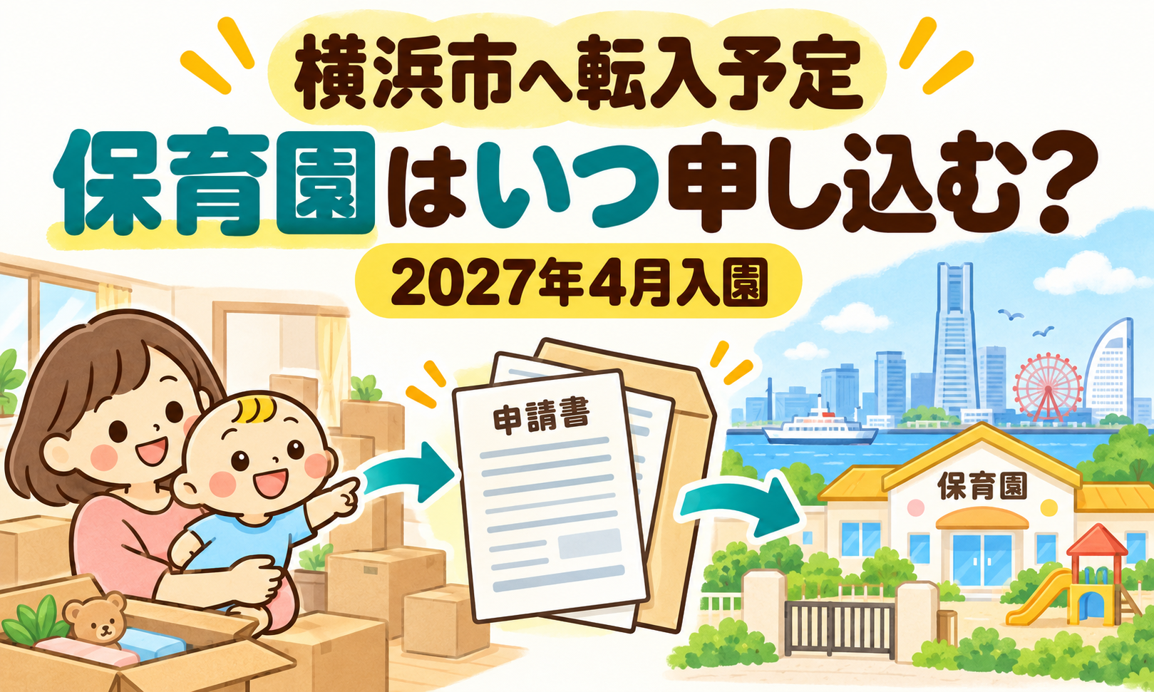 横浜市への引越し前に、親子が保育園の申請書類と準備する順番を確認するイラスト。2027年4月入園。