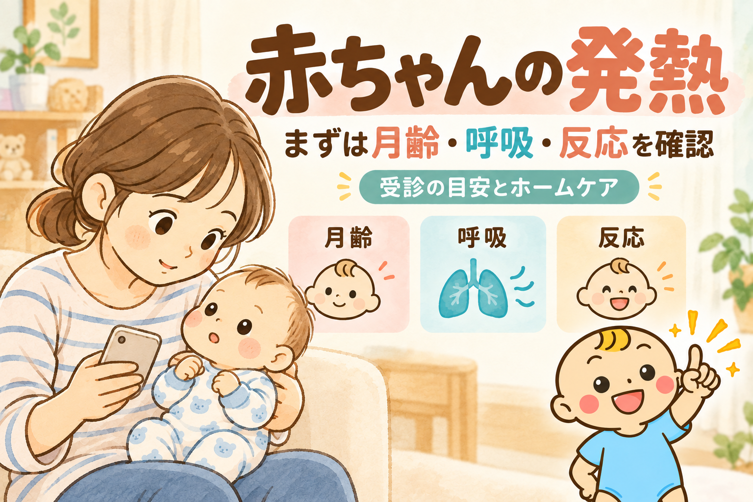 赤ちゃんの発熱で月齢・呼吸・反応を確認する親子とベビすけのイラスト
