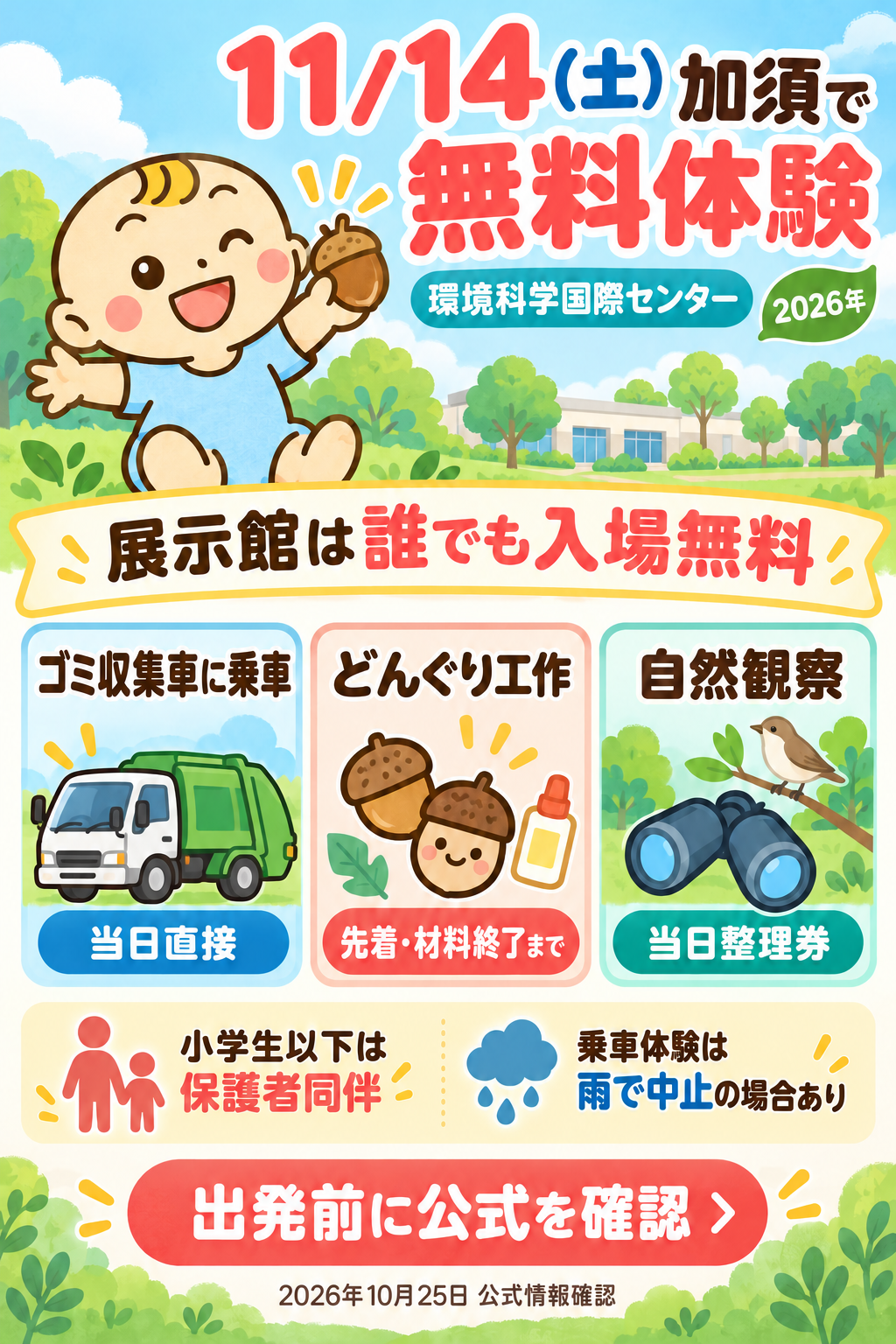 11月14日の埼玉県環境科学国際センター。展示館は誰でも無料。ゴミ収集車乗車は当日直接、どんぐり工作は先着で材料終了まで、自然観察は当日整理券。小学生以下は保護者同伴。乗車体験は雨天中止の場合あり。