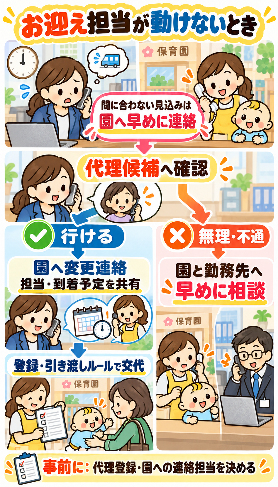 お迎えの通常担当が動けないとき、代理候補に確認し、交代できる場合は担当と到着予定を園へ連絡する。代理も難しい場合は園への相談と勤務調整へ進む。間に合わない見込みなら代理が決まる前でも園へ早めに連絡し、引き渡しは園の登録・確認ルールに従う。