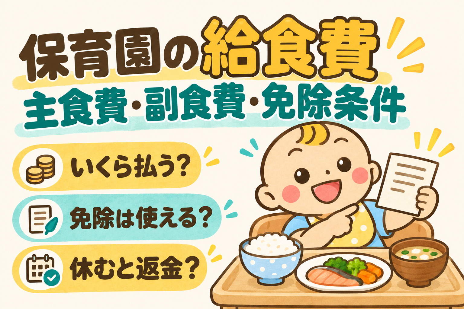 保育園の給食費を主食費・副食費・免除条件から解説するガイド。ベビすけと給食のイラスト。