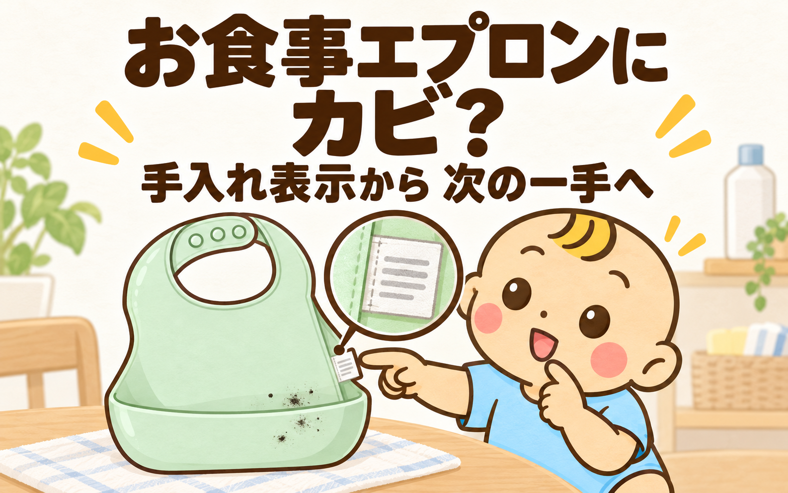 お食事エプロンに黒い点を見つけたとき、取扱表示を確かめるベビすけ。洗う・漂白する・乾かす条件を確認して清潔な予備を用意する記事。