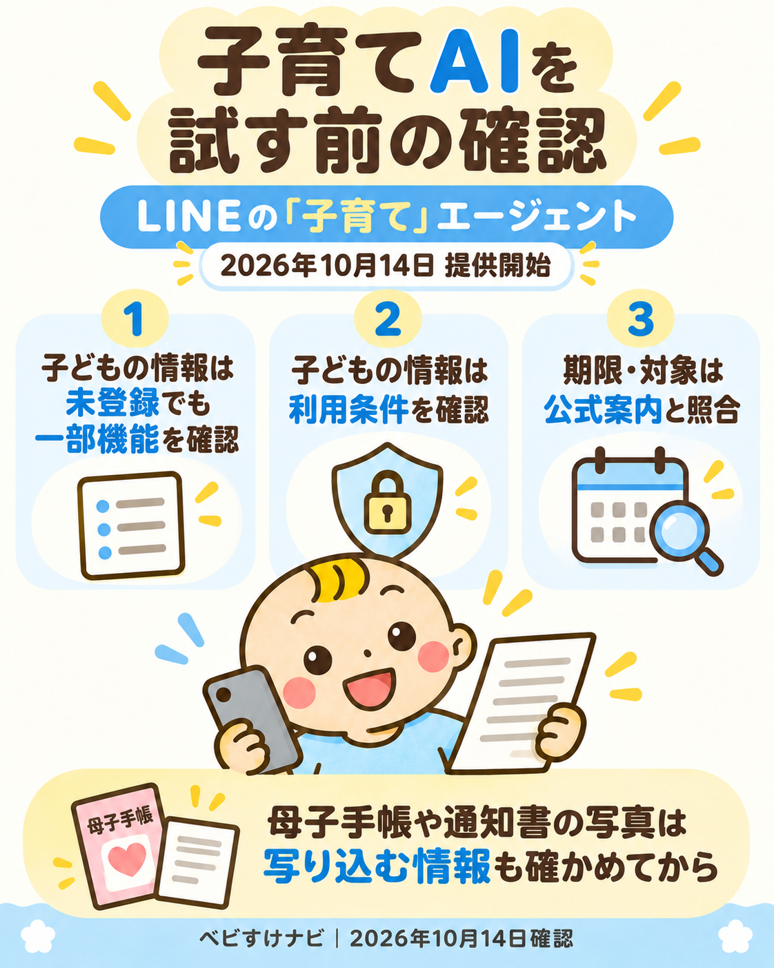 LINEの子育てエージェントは2026年10月14日提供開始。子どもの情報が未登録でも一部機能を確認でき、登録時は利用条件を読む。期限や対象は公式案内と照合し、母子手帳や通知書の写真は写り込む情報も確かめてから利用する。