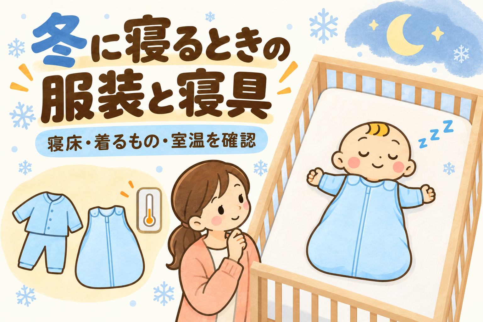 赤ちゃんは冬に何を着て寝る？掛け布団・スリーパーと室温の調整。ベビすけと親子が案内する説明用イラスト。