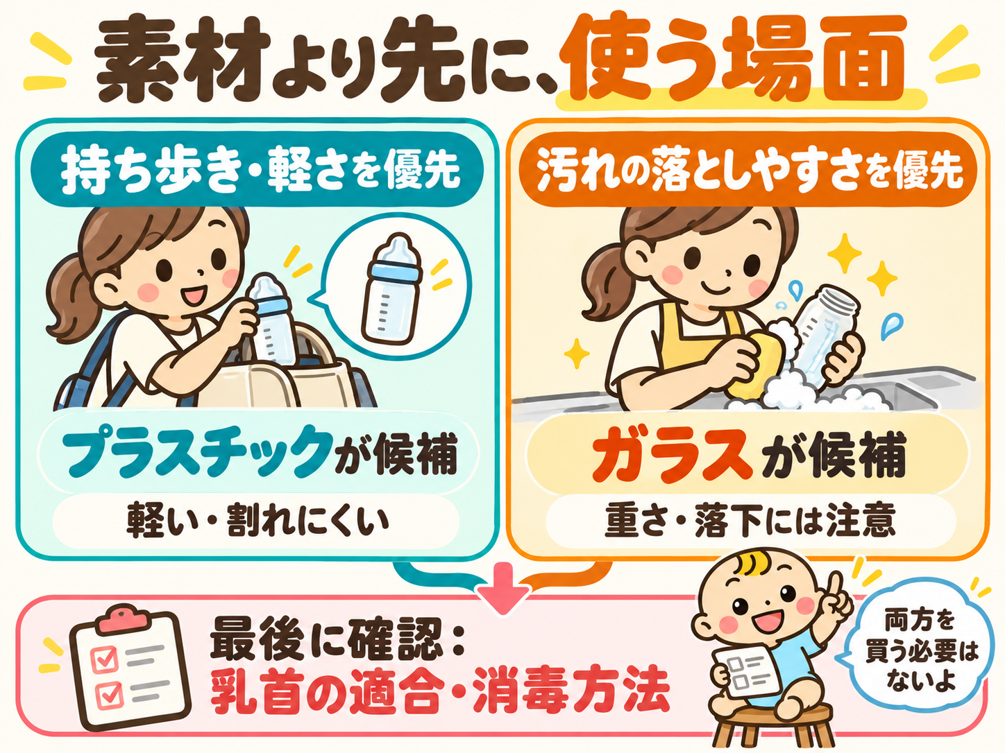 持ち歩きと軽さを優先するならプラスチック、汚れの落としやすさを優先するならガラスが候補。どちらも乳首の適合と消毒方法を最後に確認する。